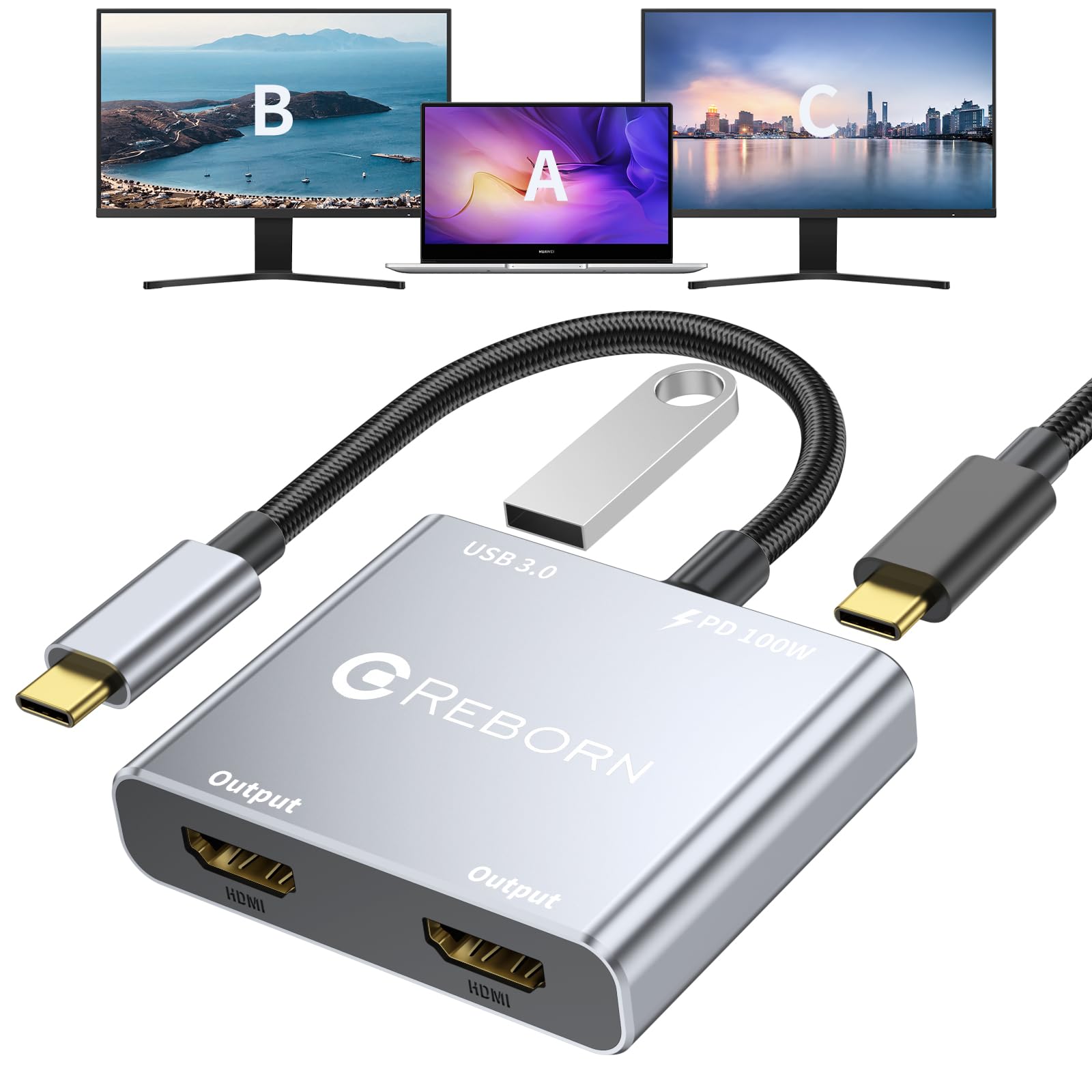 Reborn Adapter USB C na podwójny HDMI, 4 w 1, wieloportowy adapter USB C z podwójnym HDMI, USB 3.0, ładowanie PD 100 W, adapter do laptopa z podwójnym monitorem
