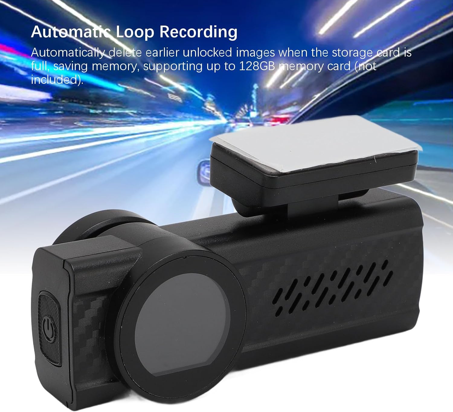 Heayzoki Dash Cam mounted in a car, with text explaining automatic loop recording.