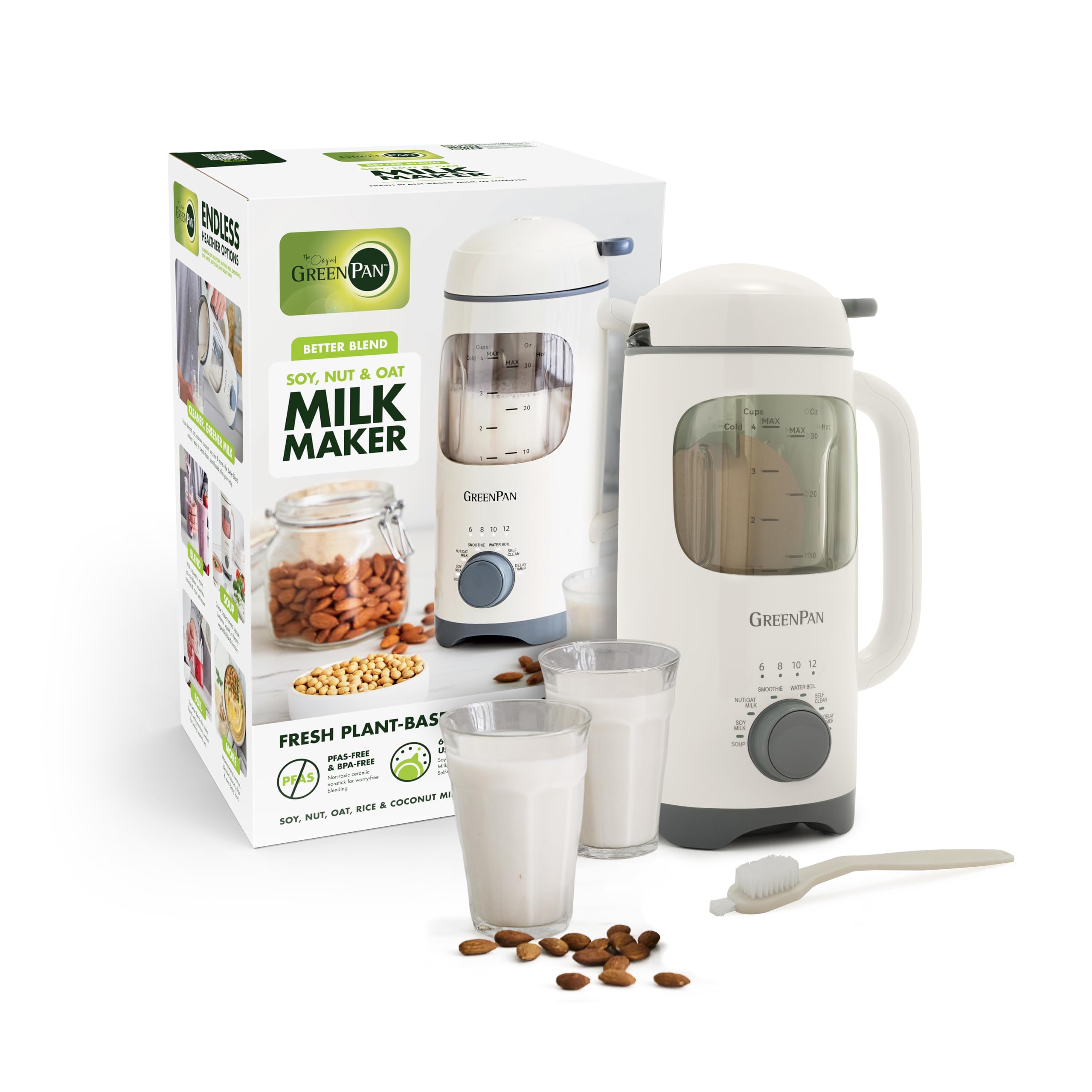 GreenPan Nut Milk Maker, 15-in-1 Homemade Soy, Almond, Oat, Coconut, Non-Dairy, Rice, Soup, Baby Food, BPA-Free, Smooth Creamy Texture, Self Clean, Barista Quality Milk, Delay Start, Boil Water, Cream