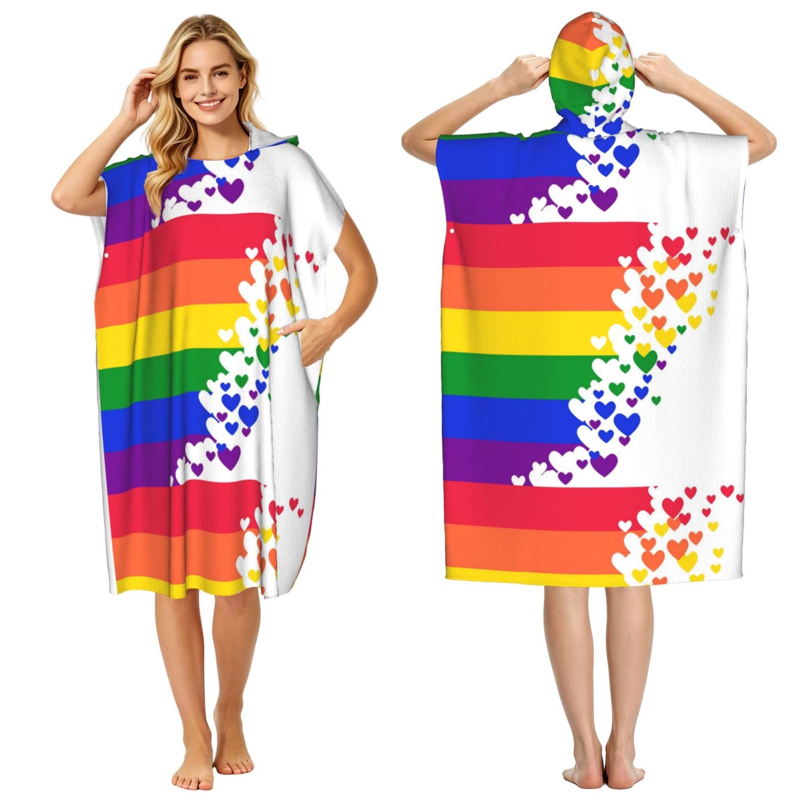 Poadnly Rainbow Flag Gay Pride Lesbian Lgbt, Adult Hooded Beach Towel 90 x 110 cm,Changing Bath Robe, Surf Poncho Towel For Women Men
