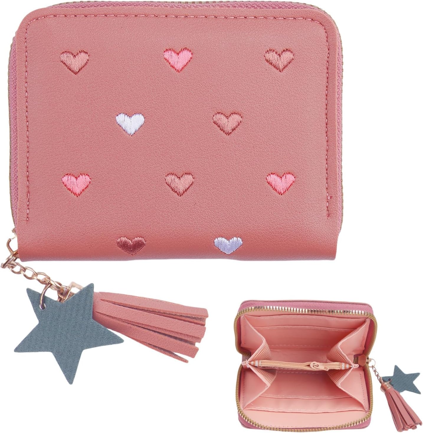 Gments Girls Purses for Teenagers Hearts Zipper Wallet Tassels Leather Coins Pocket Purse Cute Slim Short Small Kids with Embroidery Hearts for Kids Childrens Girls Teenagers Women Gift, Pink