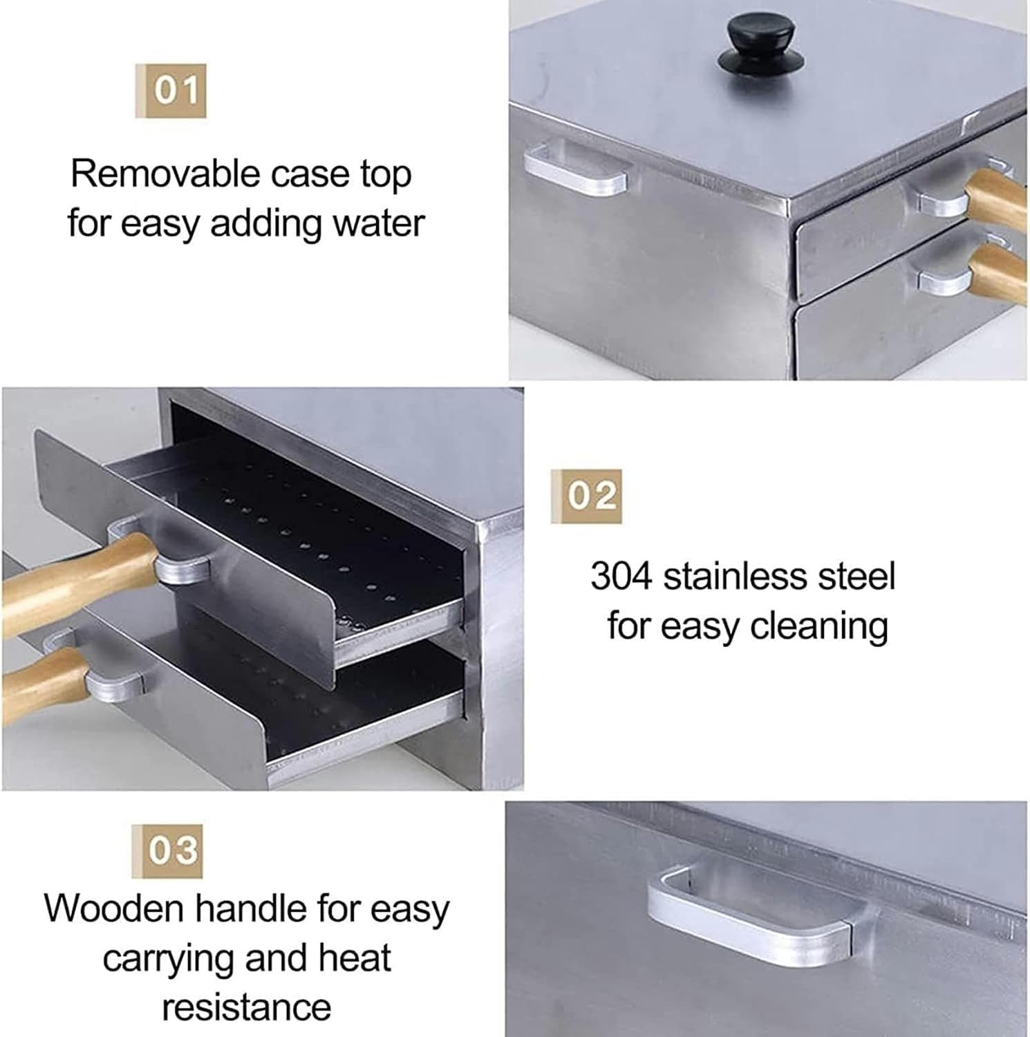 Multifunction Cooking Machine, 2- Layer Rice Noodle Rolls Steamer, Stainless Steel Steamed Machine with Removable Lid & Wooden Handle