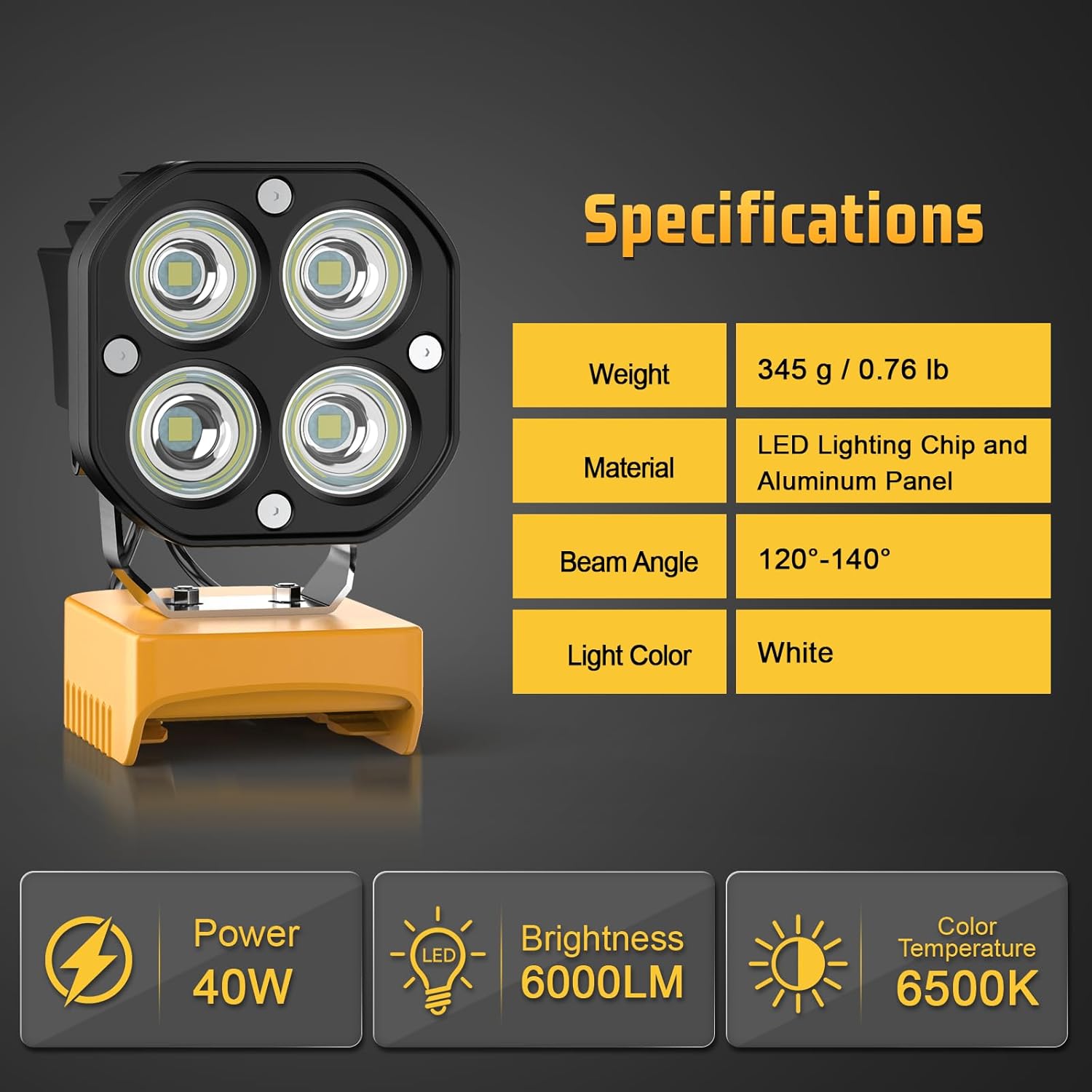 6000LM Work Light Compatible with Dewalt 20V Battery, Portable 40W LED Light with Low Voltage Protection Adjustable 120° Flashlight Gift for Car Repairing, Workshop, Outdoor, Emergency