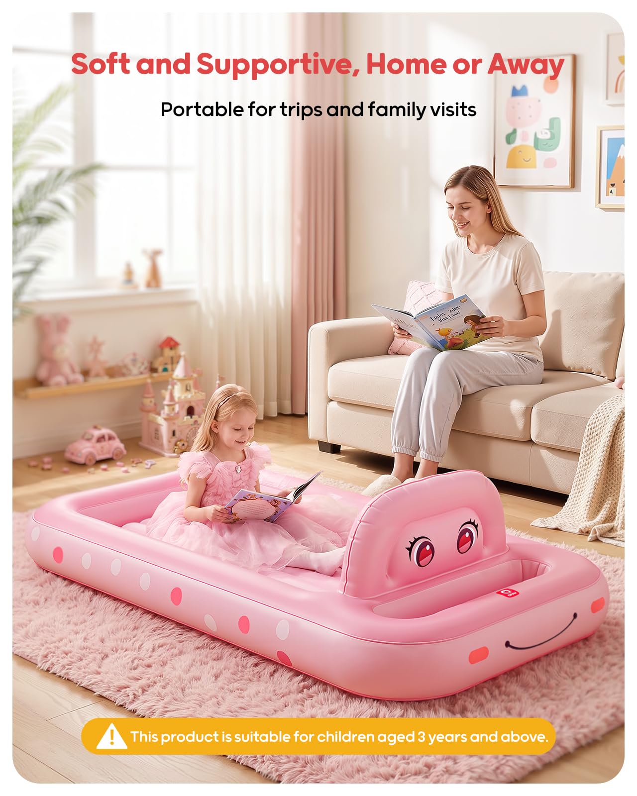 QPAU - Cama Inflable de Viaje para niños pequeños con Tienda de campaña, Color Rosa