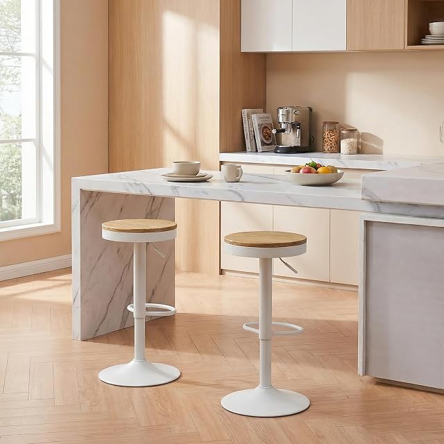 YOUNIKE Wooden Bar Stools Set of 2 Adjustable Counter Height Stools Round Breakfast Bar Stool Vintage Bar Chairs Rustic Swivel Bar Stool for Home Kitchen 300LBS Capacity (White)