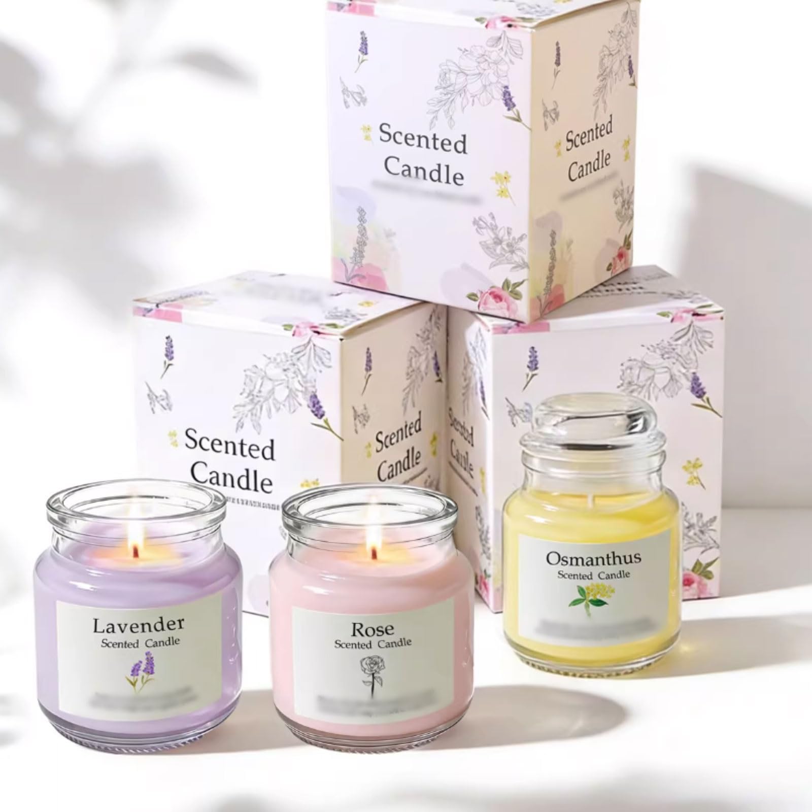 Set di 3 candele in vetro alla lavanda, rosa e osmanto, moderne candele profumate riutilizzabili for la casa, le vacanze, il relax e la spa