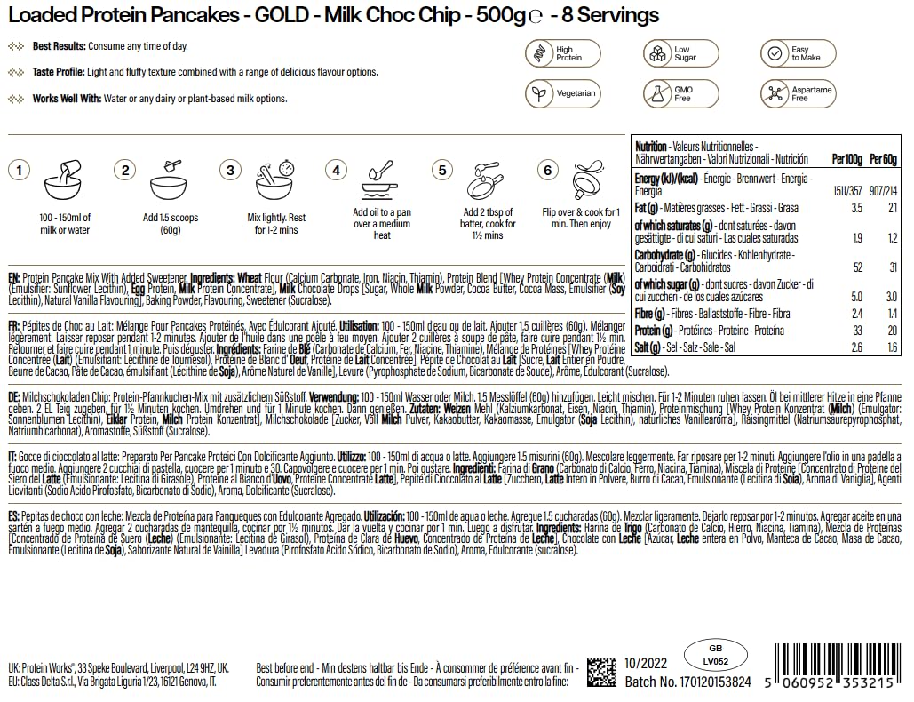 Preparato Per Pancake Proteici | Gocce di cioccolato al latte | Colazione Ad Alto Contenuto Proteico | Snack A Basso Contenuto Di Zucchero | Facile E Veloce Da Realizzare | Protein Works | 500g