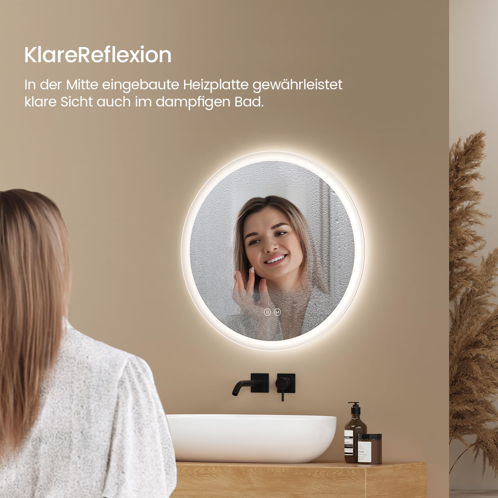 EMKE Badspiegel mit Beleuchtung Rund 50cm, Badezimmerspiegel mit dimmbarer Beleuchtung, 3 Lichtfarben, Antibeschlag, Touch-Schalter und Speicherfunktion, ideal für das Badezimmer