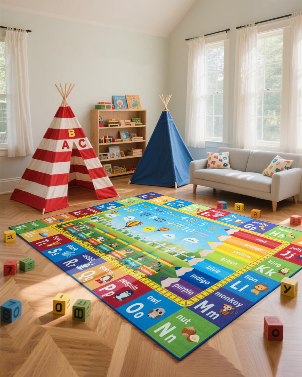 Unirea 4x6 Kids Rug for Playroom Bedroom Living Room, Washable Educational Play Mat with ABC Alphabet, Numbers, Animals for Classroom, Nursery, Colorful Learning Carpet for Toddlers, Rainbow