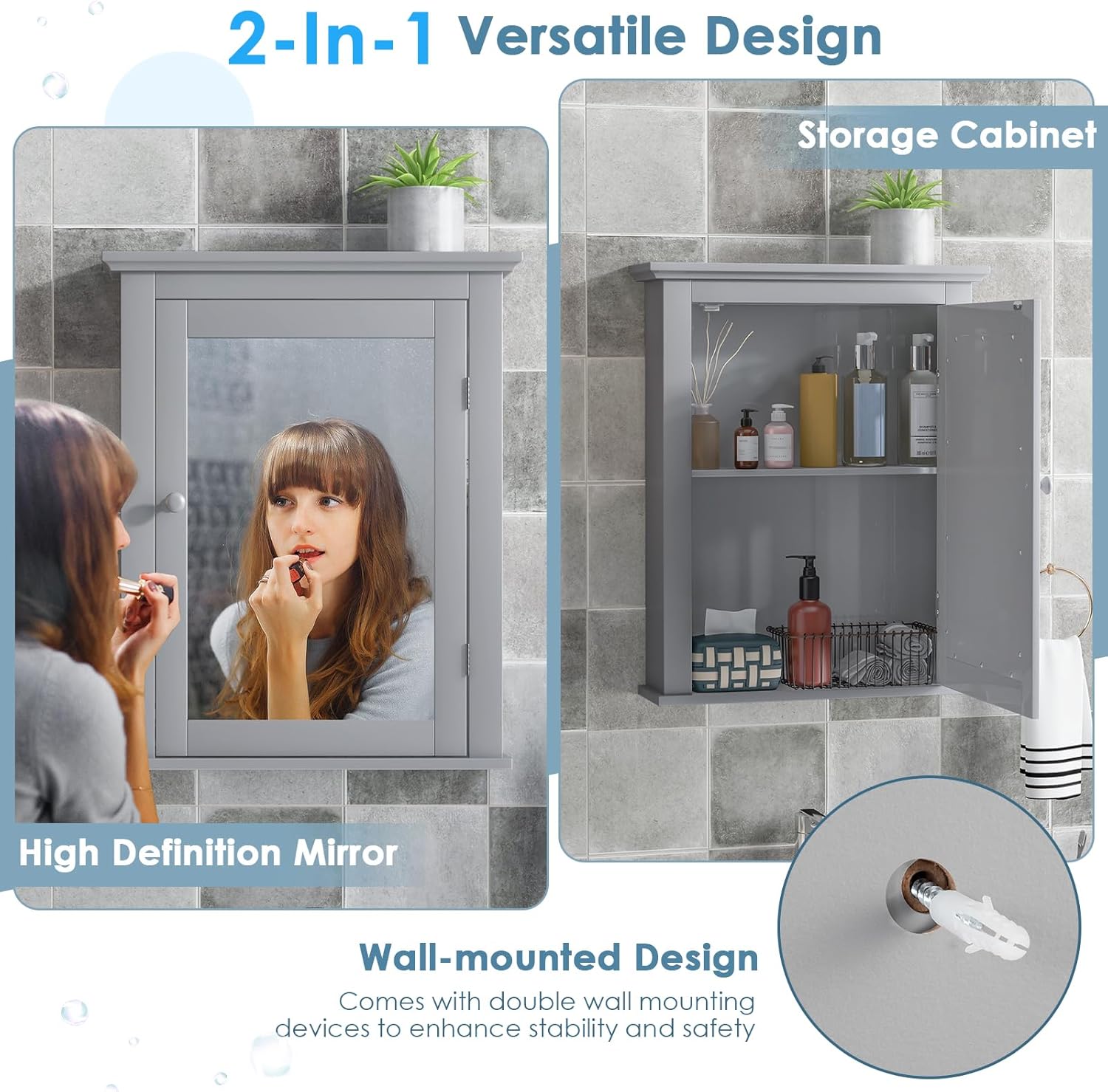 Diagram showing the dimensions of the COSTWAY medicine cabinet, including overall height, width, depth, and internal shelf dimensions.