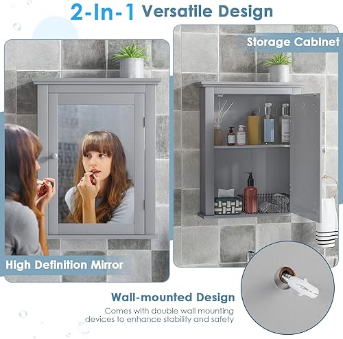 Miniatura 4 de COSTWAY Botiquín de baño con espejo, organizador de armario de almacenamiento montado en la pared con estante ajustable de 5 posiciones, gabinete de