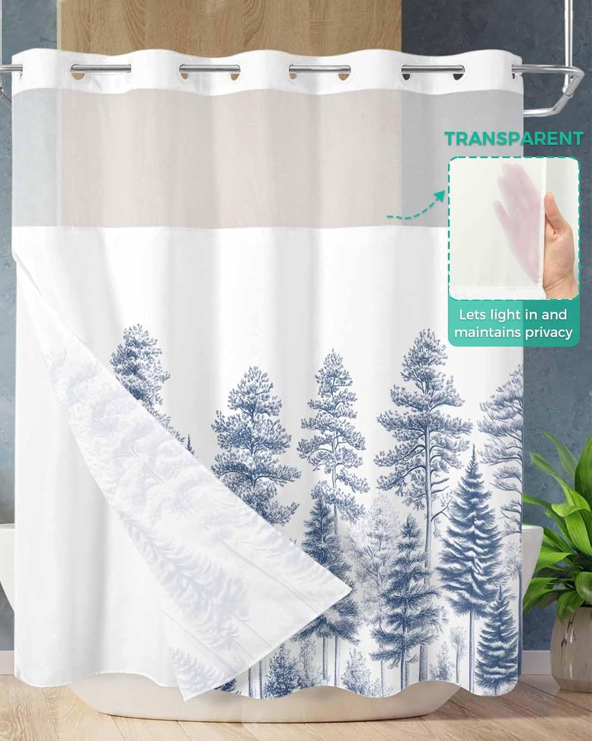 SEVENBABU Tree Blue No Hook Shower Curtain with Snap in Liner Waterproof Fabric Shower Curtain Set for Bathroom Vintage Farmhouse Retro Pine Branch Shower Curtain with See Through Top Window 66"x72"