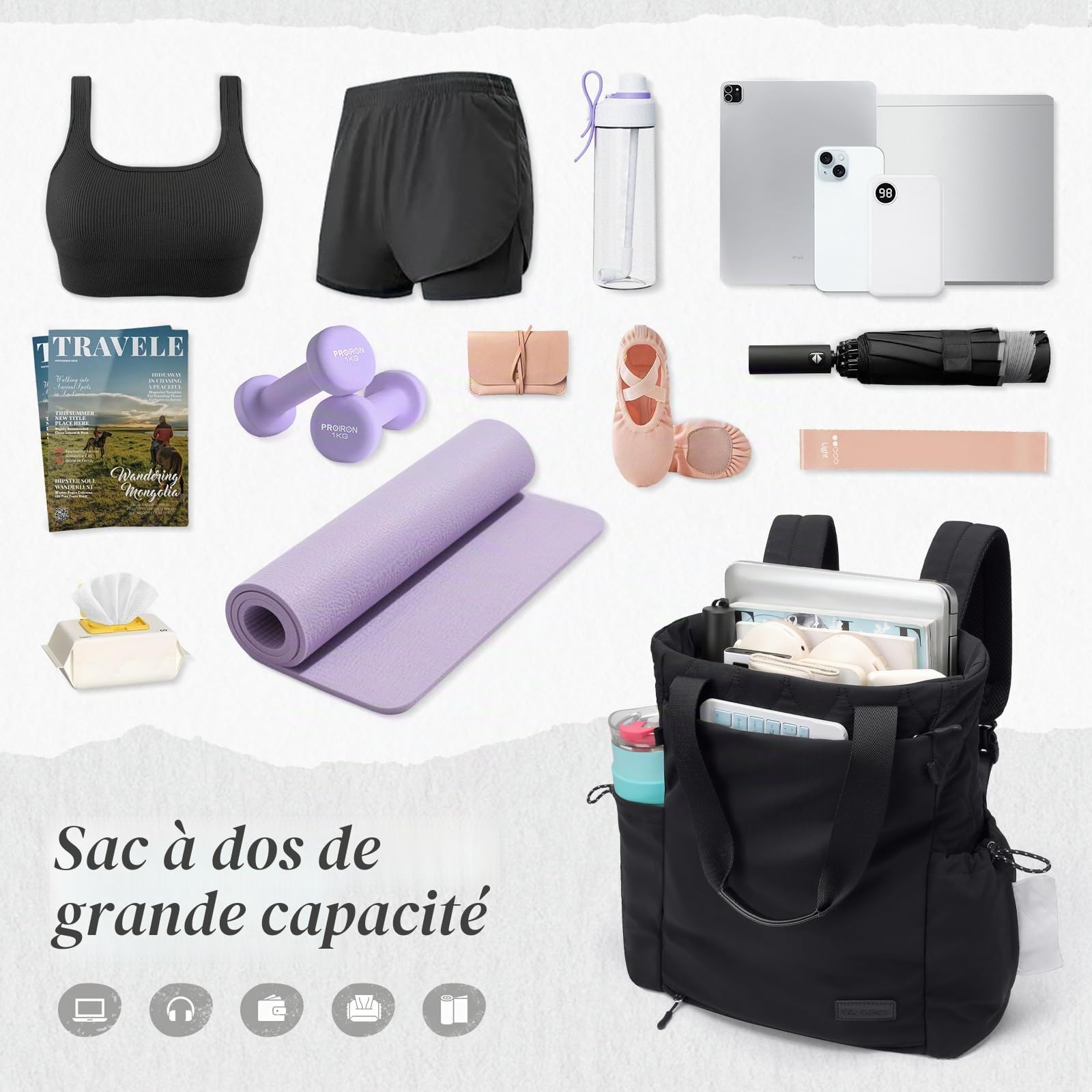 GOLF SUPAGS Sac à Dos Convertible pour Ordinateur Portable Femme, Rangement pour Tapis de Yoga, Sac de Yoga pour Femme, Sac de Fitness Sport, pour les Voyages, Fitness, Yoga et Travail