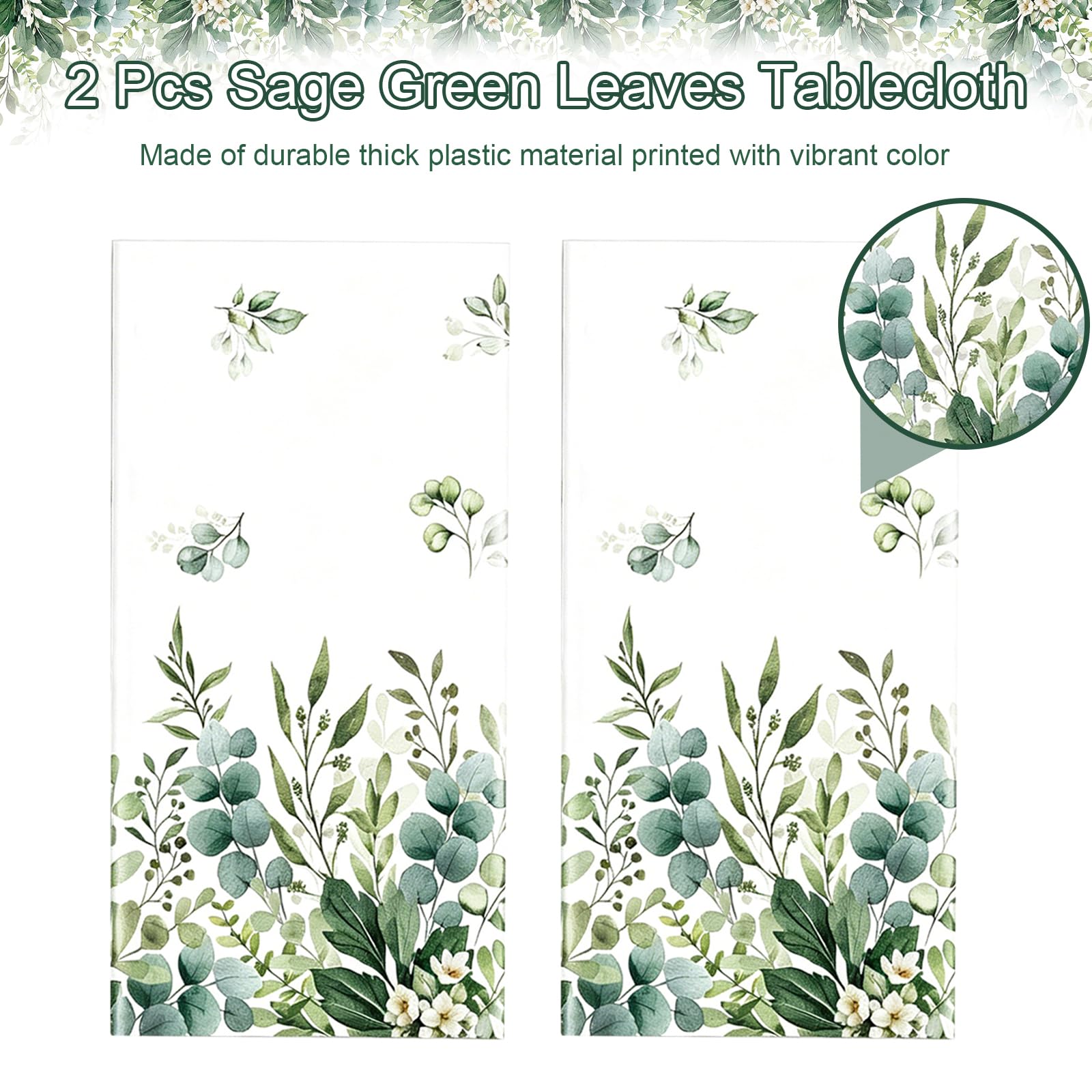 Tovaglia Rettangolare 137x274 cm Verde Salvia Eucalipto Impermeabile Estiva 2 Pezzi