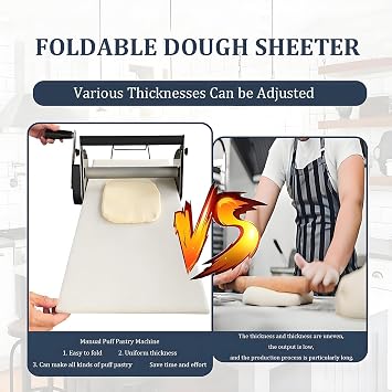 Manual Dough Sheeter Machine for Bakery, Pizza, Croissant, Stainless Steel with Adjustable Thickness
