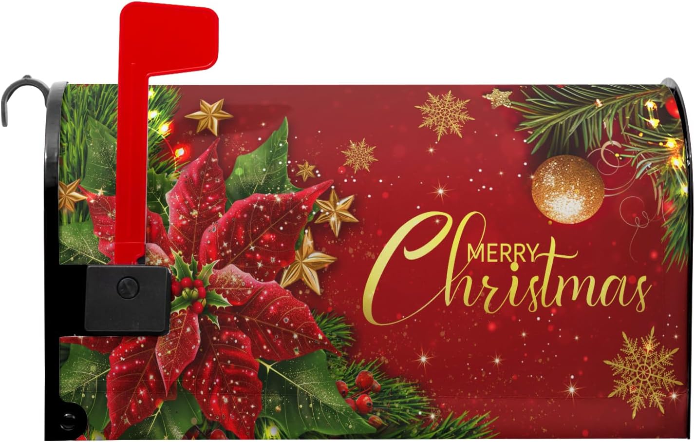 Kawani Merry Christmas Red and Gold Mailbox Covers Magnetic Red Poinsettia Outdoor Mailbox Cover Standard Size 18 X 21 Christmas Holiday Mailbox Wrap Post Letter Box Cover Decor for Home Garden Yard