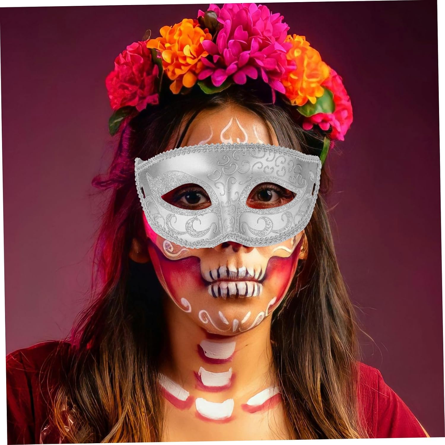 KOMBIUDA Silver ABS Cosplay Half-face Mask for Women Halloween