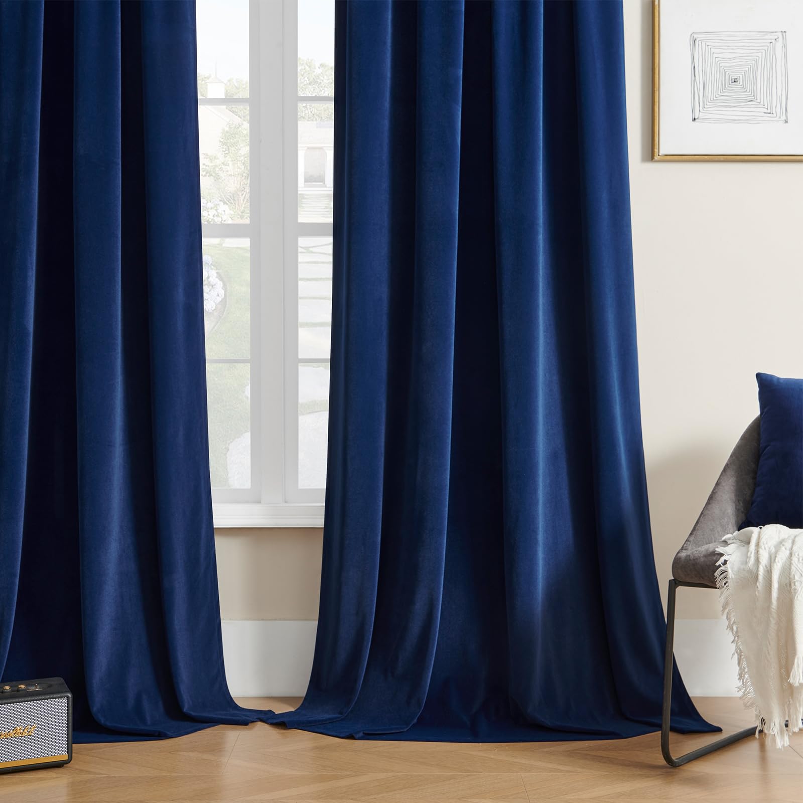 Joydeco Lot de 2 Rideaux Velours Bleu 140x240 cm, Rideau Doux Semi-Occultant Isolant Thermique avec Galon Fronceur à Passe Tringle, Lourds Épais 330g/㎡ pour Salon et Chambre à Coucher