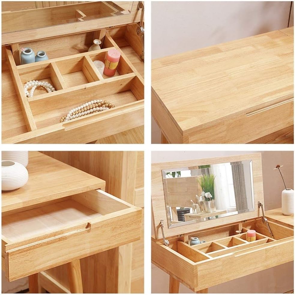 Makeup Dresser with Mirror and Stool Make-up Table for Bedroom Girls Dressing Table Makeup Table (Color : Walnut Ribbon Chair Size : 10045cm) (Log Color Single Table 80 * 45cm)