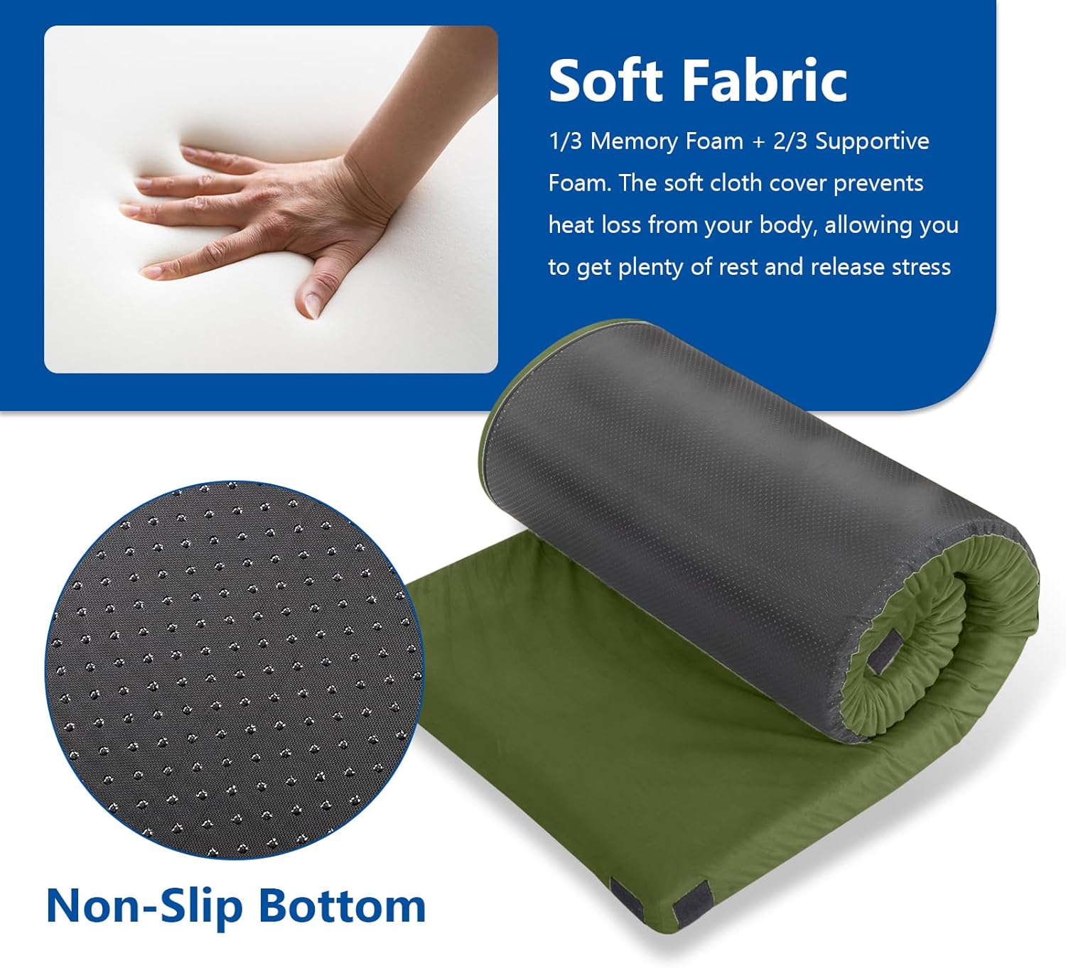 Camping Mattress Pad,2.5 inch Memory Foam Camping Mattress,Single Small Portable Roll Up Camping Sleep Topper with Waterproof and Non-Slip Bottom, Camping Car Mat with Travel Bag, 75"×30"×2.5", Green