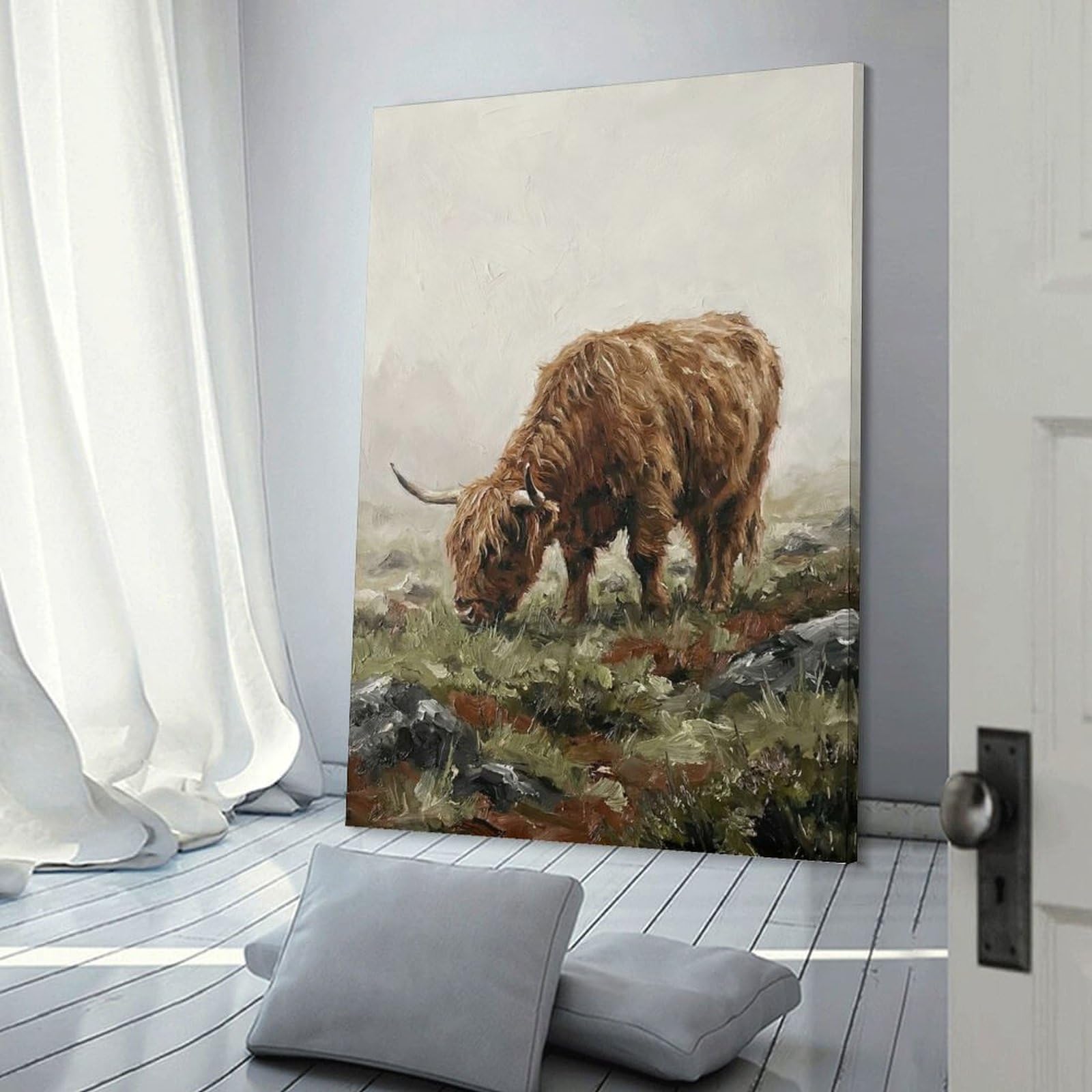 Junmoney Highland Cow Grazing in Misty Landscape Hanging Wall Art 12x18inch(30x45cm), for Study, Office Or Focused Interiors, Wall Art That Adds Style to Work Areas
