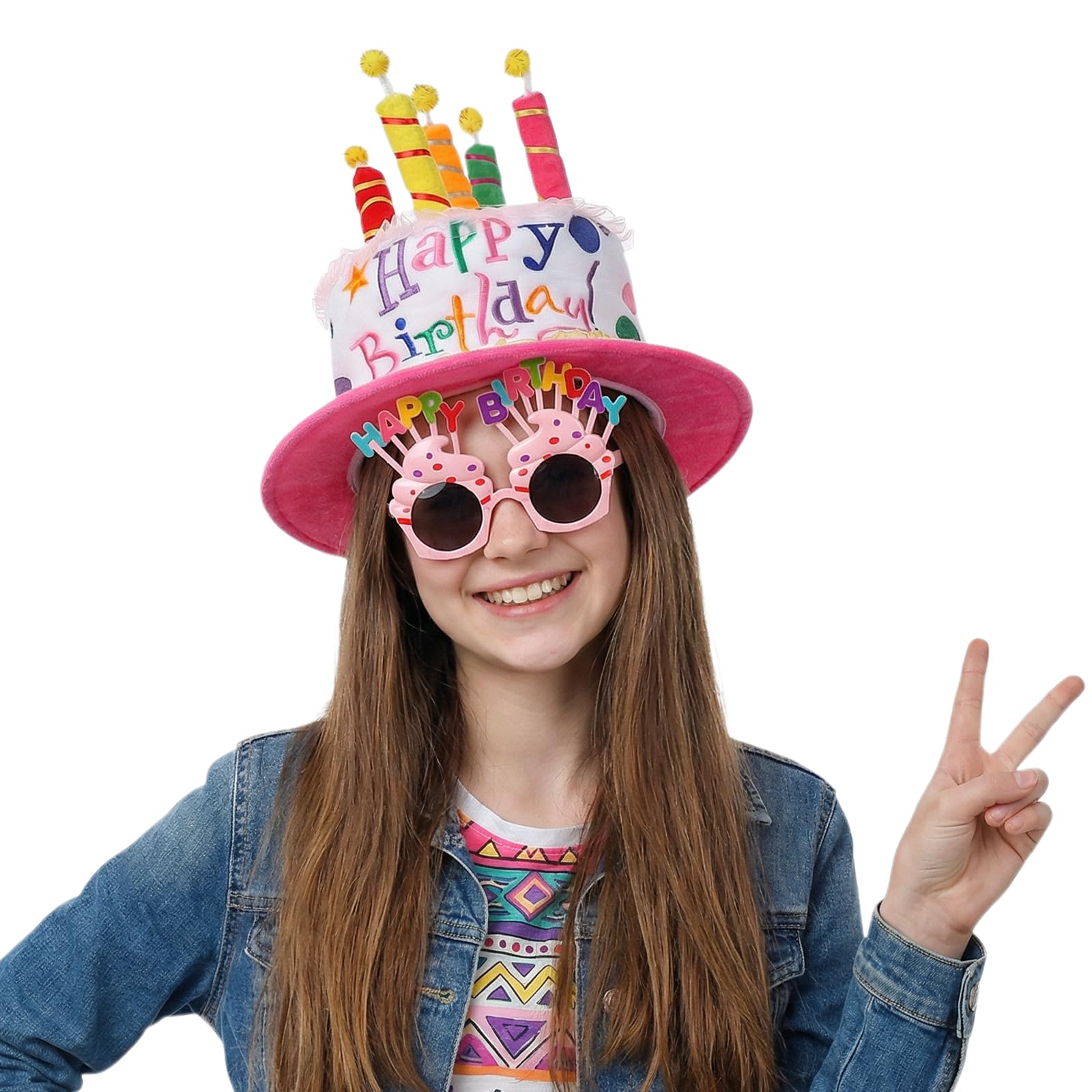 IPENNY Adult Plush Birthday Cake Hat with Sunglasses Happy Birthday Party Headwear Novelty Celebration Cap Funny Party Supplies for Birthdays Memorable DIY Photo Props (Style-1:Pink)