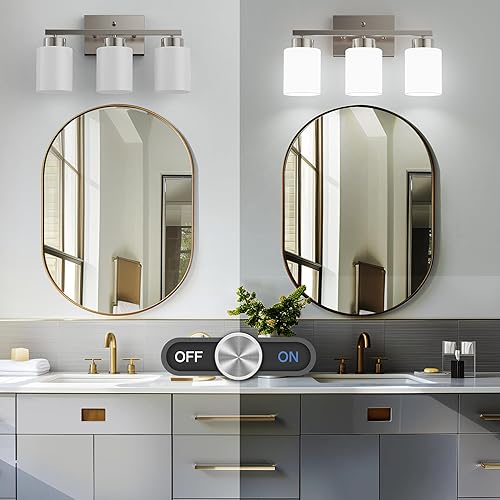 Miniatura 4 de Lámpara de baño de níquel cepillado de 3 luces, moderna luz de tocador sobre espejo, aplique de pared con pantallas de vidrio blanco lechoso