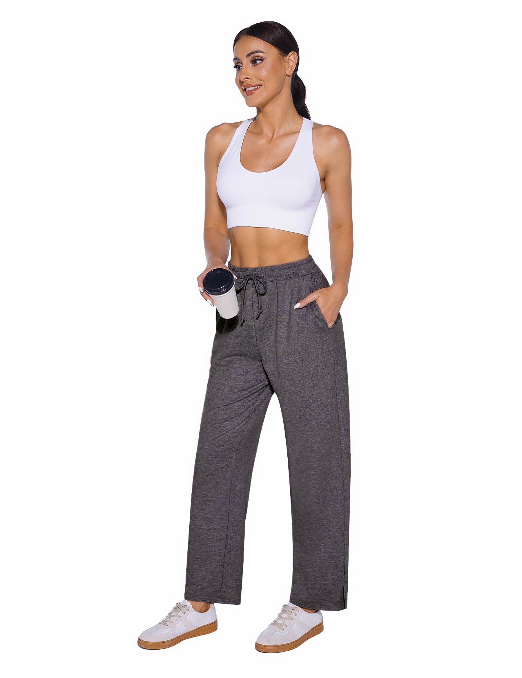 Demegimi Pantaloni Sportivi Donna a Vita Alta con Tasche Pantaloni della Tuta Donna in Cotone a Gamba Larga Pantaloni Jogger Leggeri con Coulisse per Jogging Fitness Sport Yoga