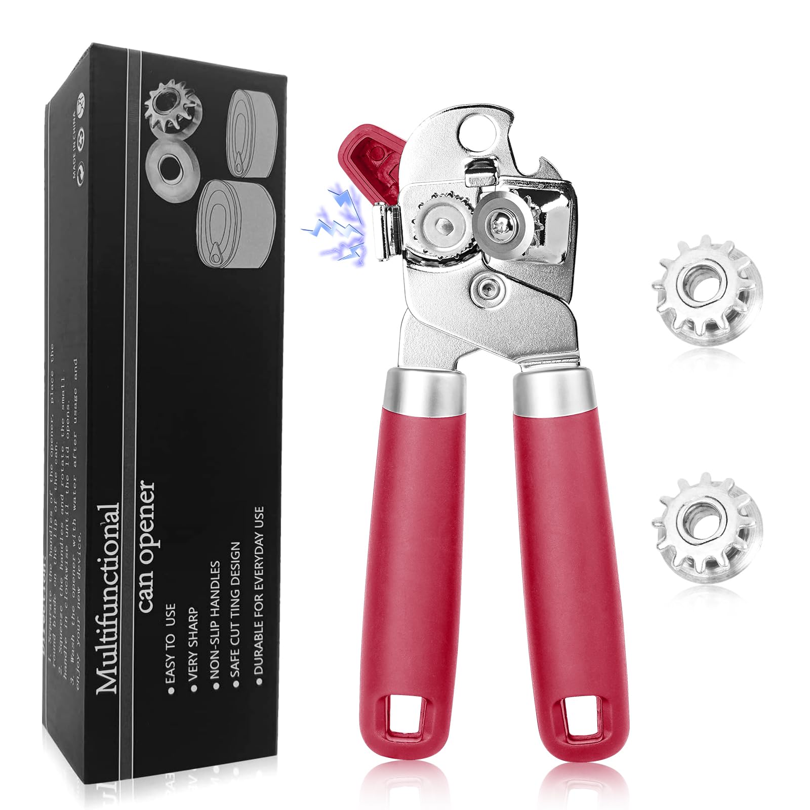 Can Opener Manual, Heavy Duty Stainless Steel Can Opener with Magnet, Smooth Edge with Sharp Blade Tin Opener Kitchen Gadgets Two Replacement Blades