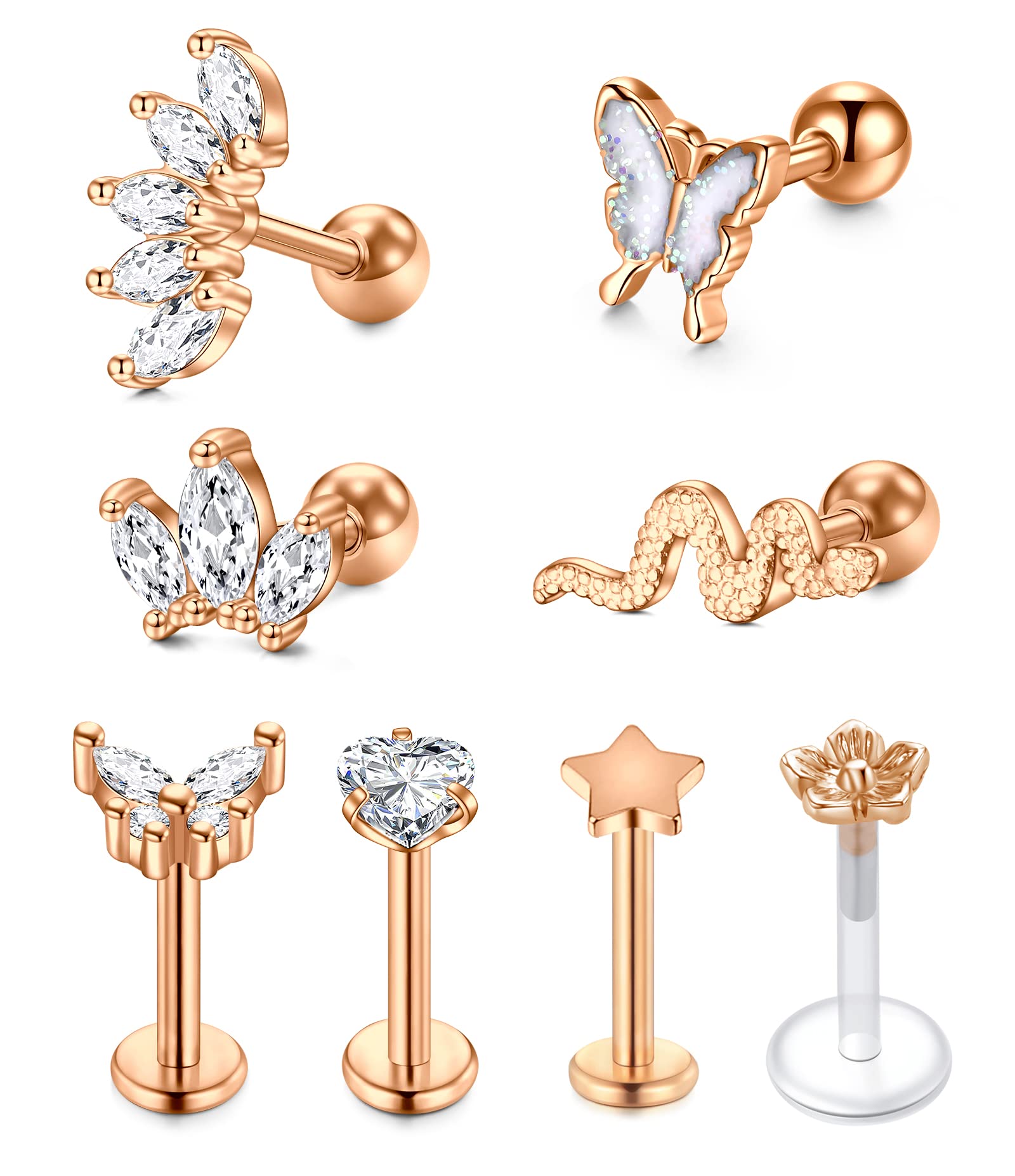 VFUN 16G Piercing Oreja Tragus con Mariposa Serpiente Diamond CZ Acero Inoxidable Bola Piercing Oreja Helix Conch Cartilago Mujer Tragus Piercing