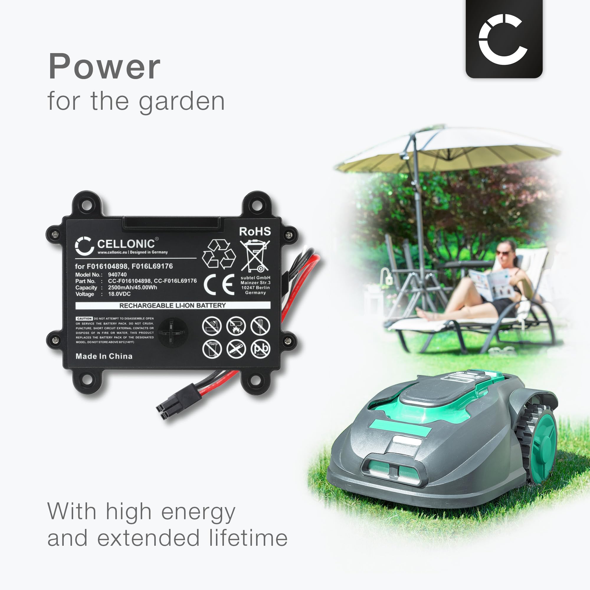 CELLONIC 1x Batería Compatible con Bosch Indego 350, 400, F016104898 | 1x, ( 2500mAh-18V-Lithium-Ionen), Garten Akku