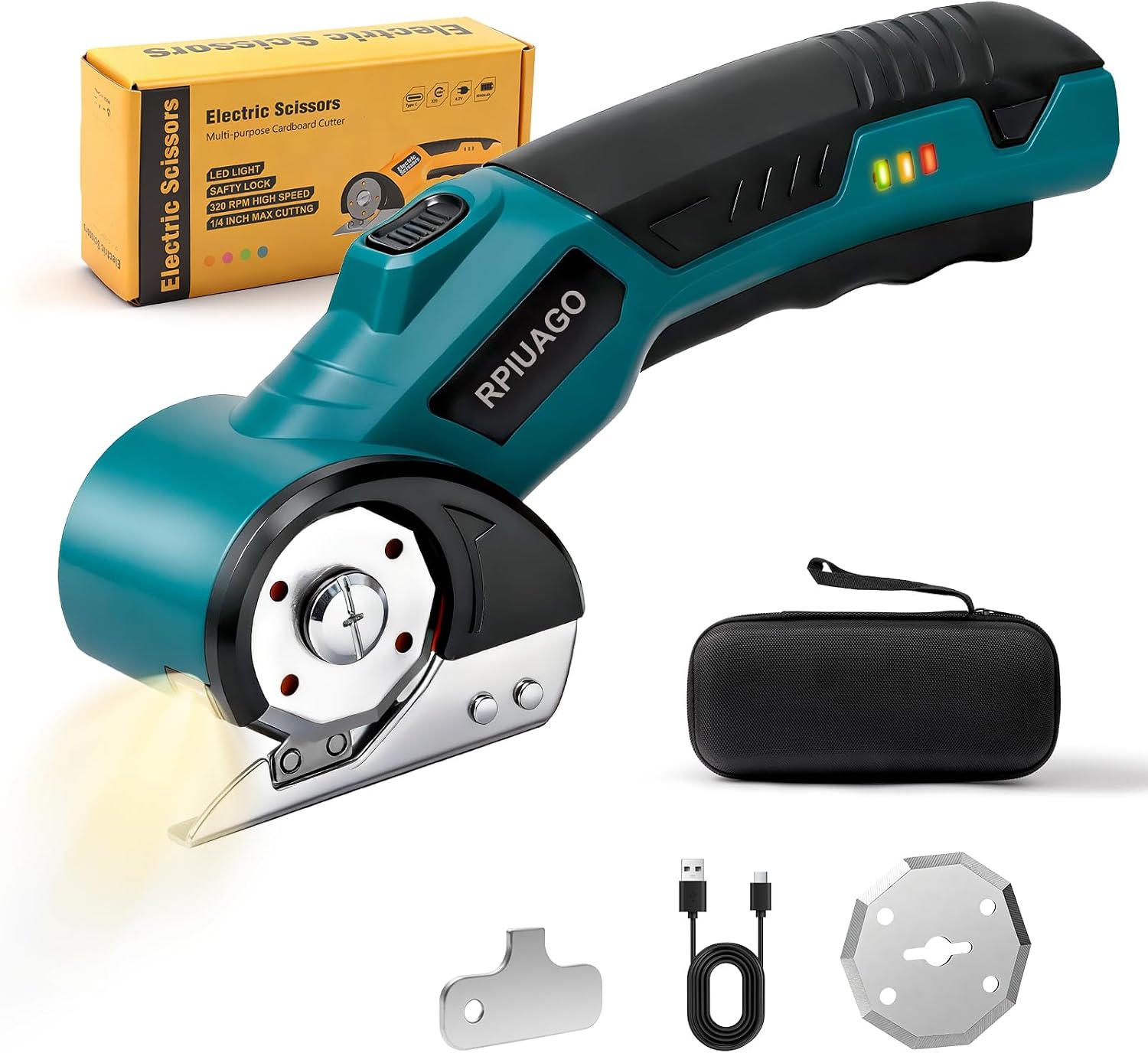 Rechargeable Electric Scissors, 4.2V Cardboard Cutter with LED Light & Safety Lock, 3000mAh Battery & 2 Rotary Blades, Electric Box Cutter for Cardboard, Fabric, Leather, Carpet, Plastic（Blue)