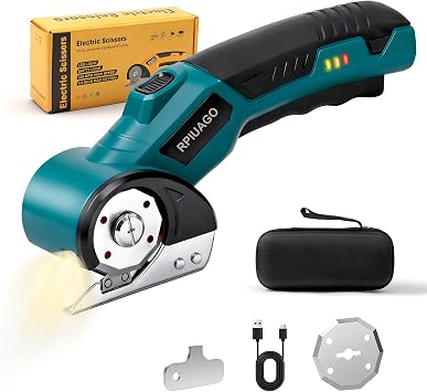 Rechargeable Electric Scissors, 4.2V Cardboard Cutter with LED Light & Safety Lock, 3000mAh Battery & 2 Rotary Blades, Electric Box Cutter for Cardboard, Fabric, Leather, Carpet, PlasticBlue