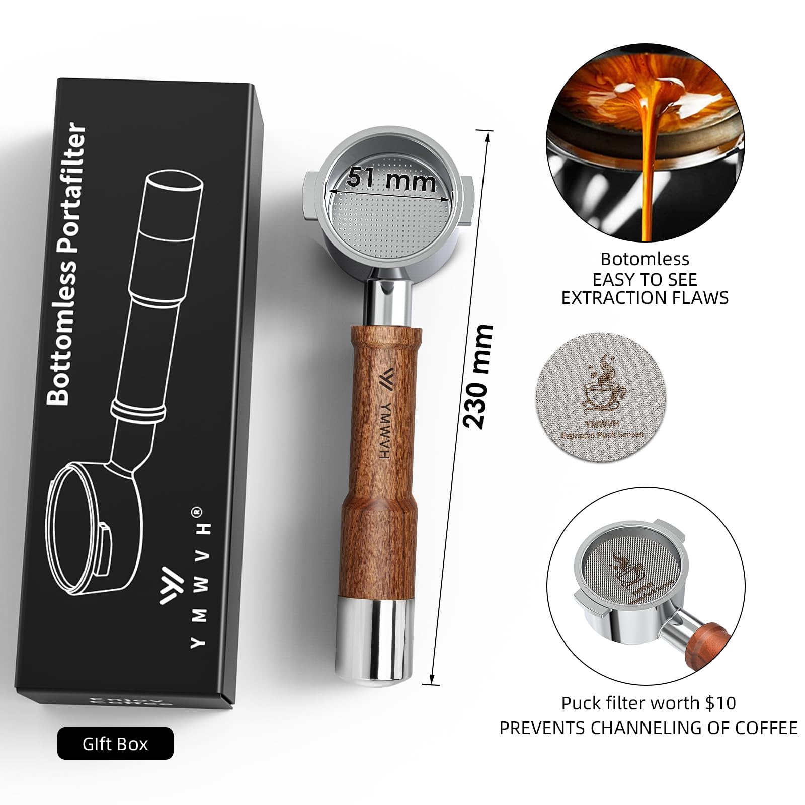 DeLonghi ECP3420/EC155/BCO430/EC260 - Portafiltro senza fondo da 51 mm, con schermo a disco e cestello filtro in 100% acciaio inossidabile, manico in noce