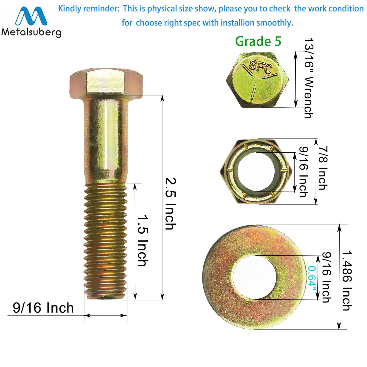 9/16" x 2-1/2" Hex Head Bolt by Color Galvanization with Nylon Lock nut and Large Size Washer Assortment Kit,Alloy Steel,Grade 5.(8pcs Pack)