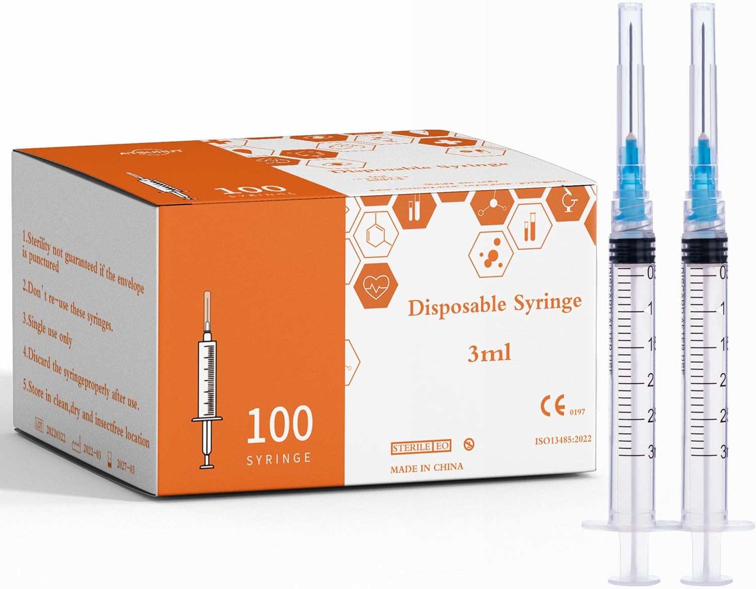 3ml Sterile Syringe with 1In 23G Needle (3ml-23G-100Pack), Transparent