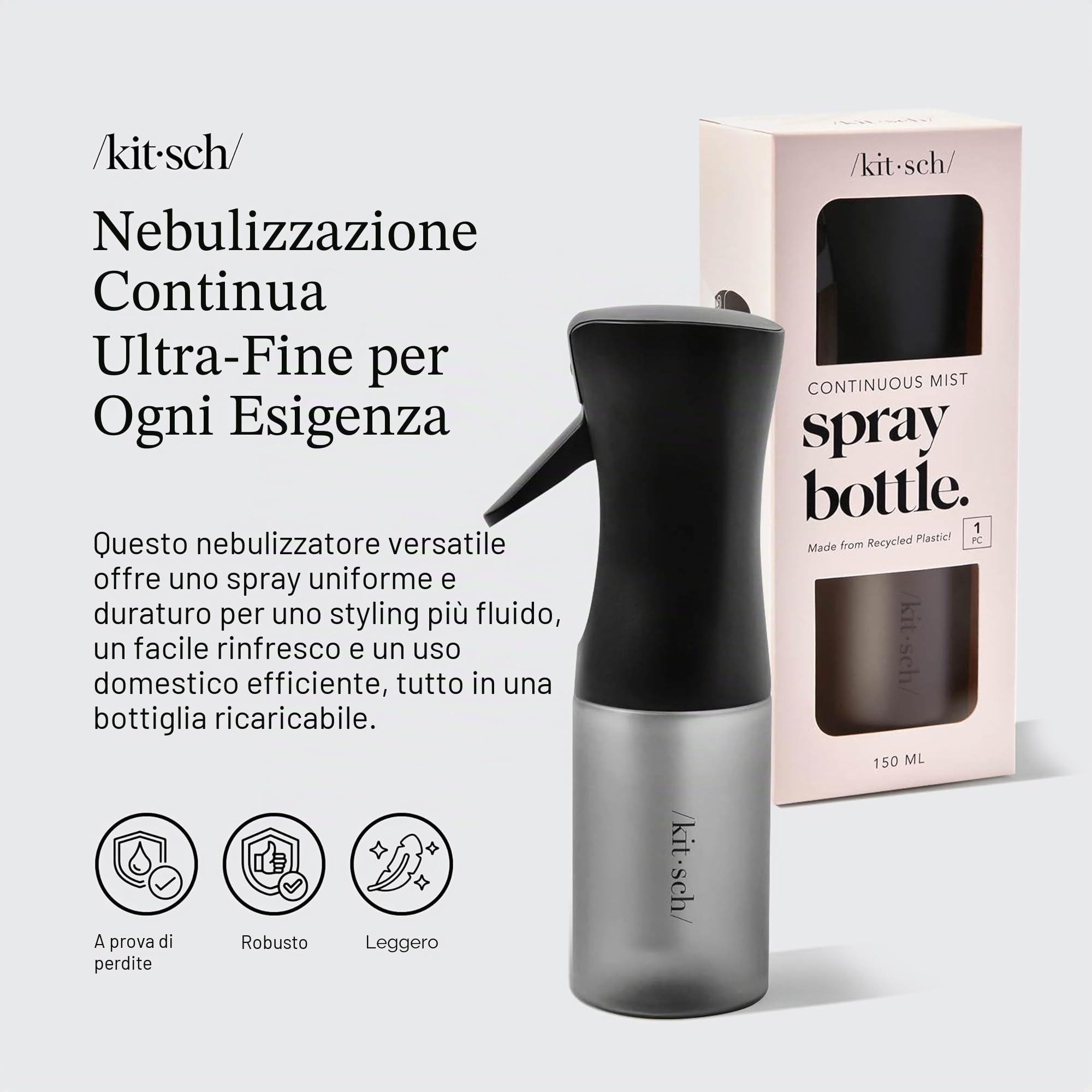 Kitsch Flacone spray continuo per capelli – Nebulizzatore d'acqua a nebbia fine – Flacone spray per capelli riciclato – Flaconi spray per pulizia, styling, piante e altro – Nero, 150 ml