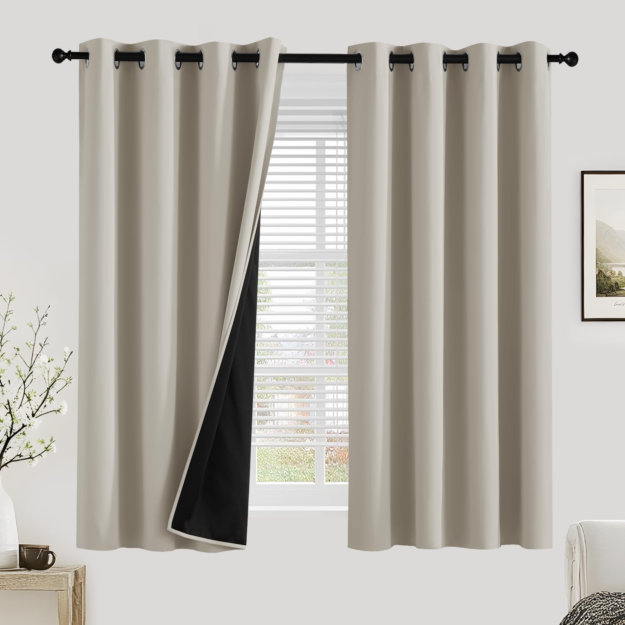 PONY DANCE 100% Blackout Curtains for Bedroom - Thermal Insulated Full Blackout Eyelet Curtains & Drapes Heat and Light Blocking Panels for Living Room with Black Liner 2 Pcs, 52 x 54 Inch, Natural