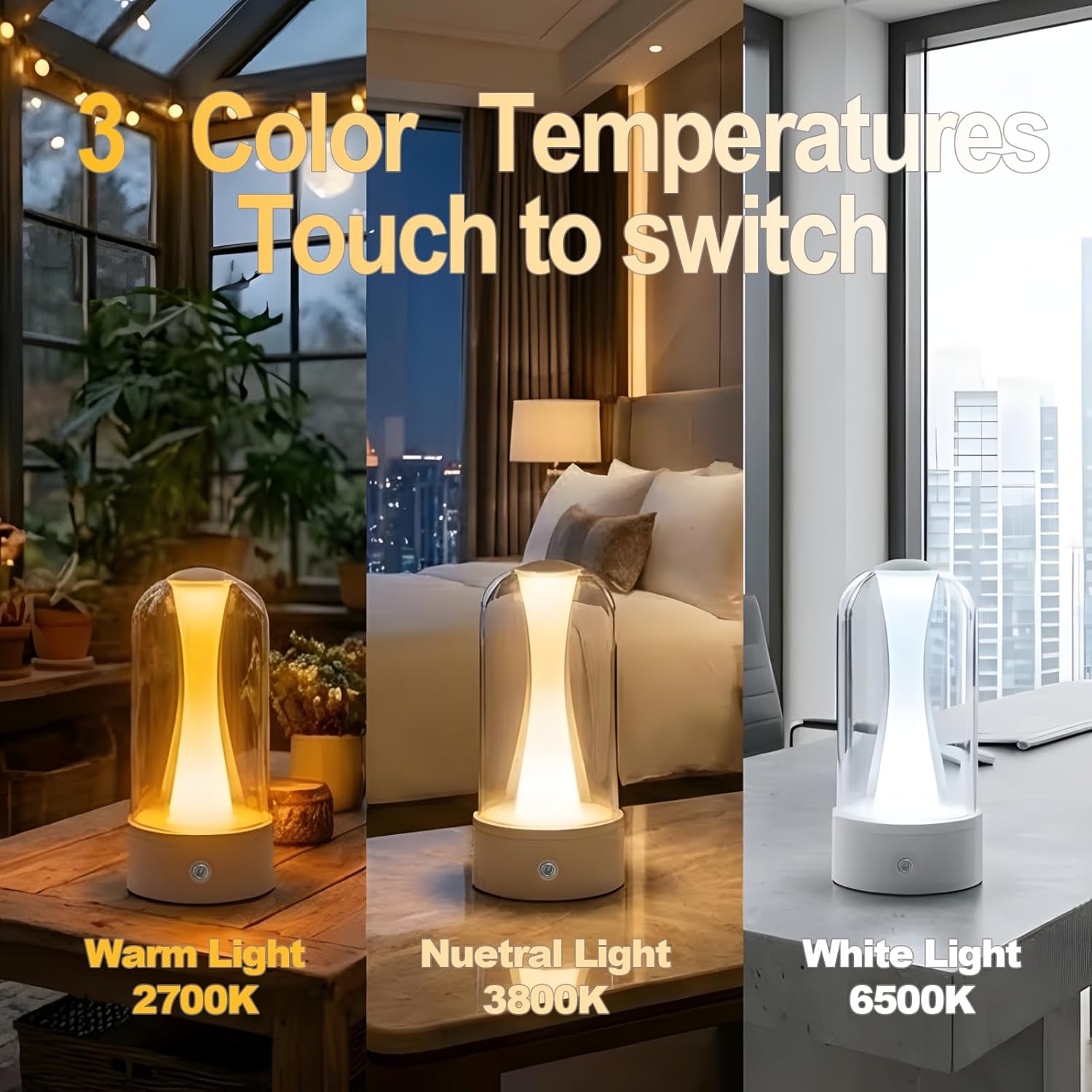 Rechargeable Bedside Lamps with 3 Way Dimmable - Portable Touch Control LED Table Lamp for Living Room Bedroom, Good Gift for Boys and Girls, Glass Lamp for Home or Office Decoration -White