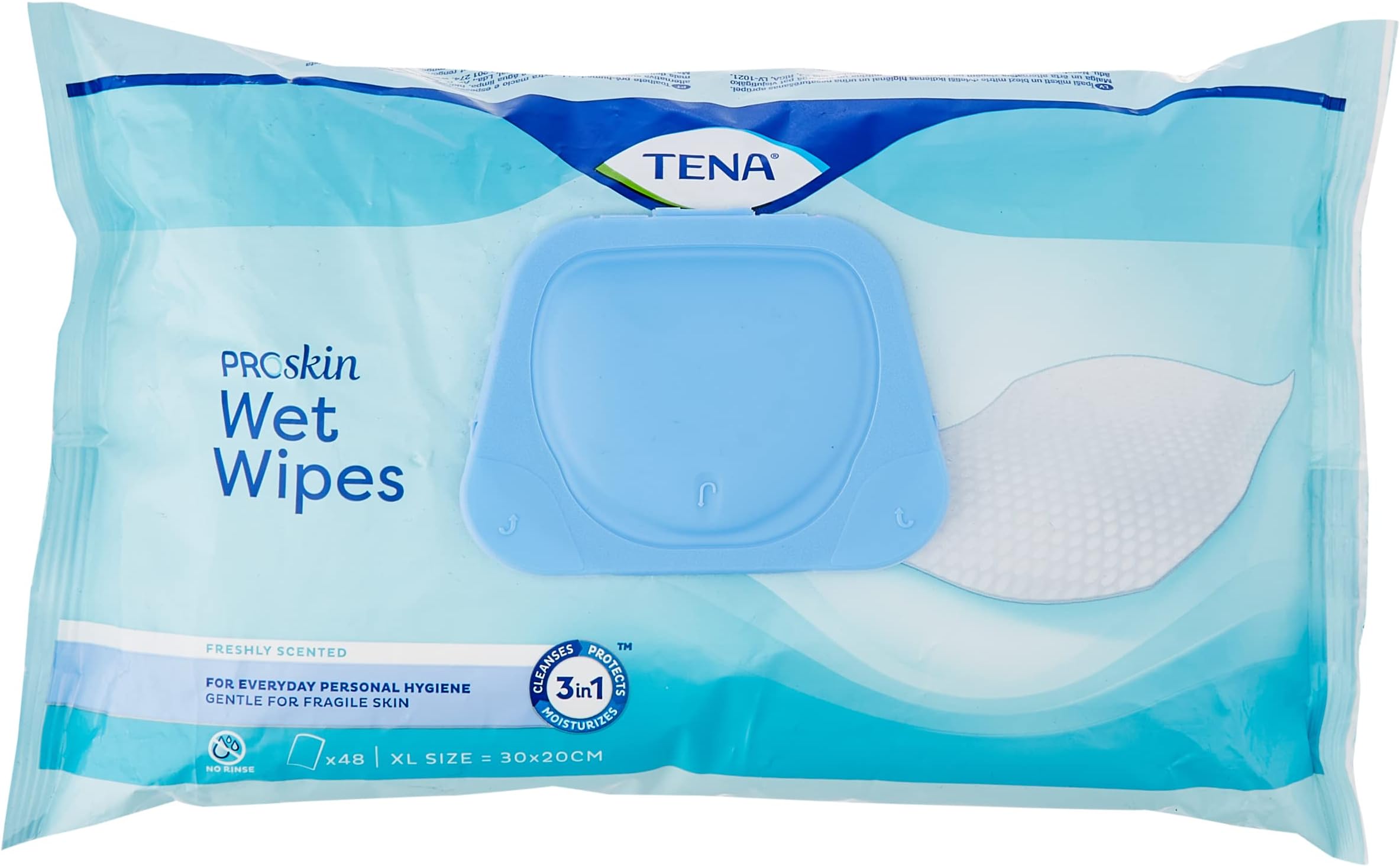 Tena Wet Wipes with Plastic Lid, XL Size: 30 x 20 cm, 48 Wipes (Pack of 1)