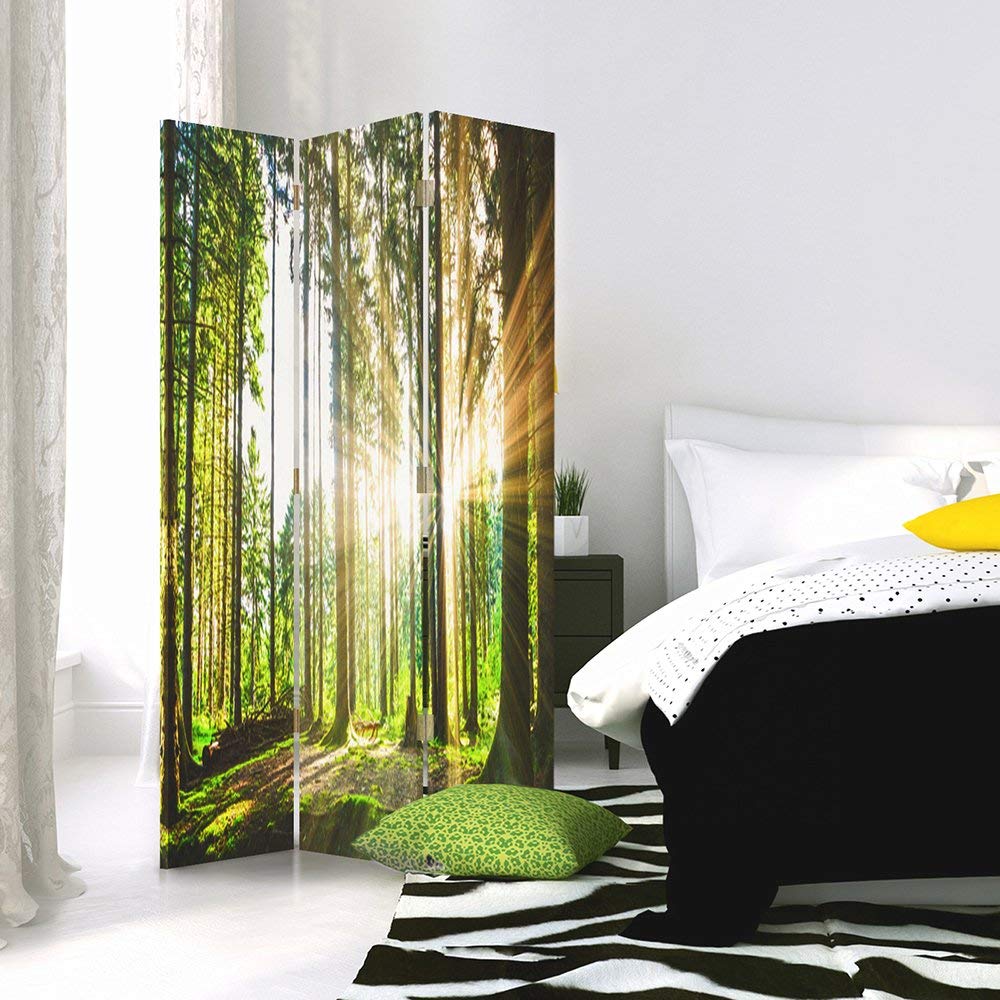 Feeby Paravent forêt 3 Panneaux 110x180 cm Une Seule Côté Cloison de séparation Écran Pliant Foto Paravent Interieur Décoratif Mur Espagnol Impression sur Toile Chambre d'enfant Salon Bureau Vert