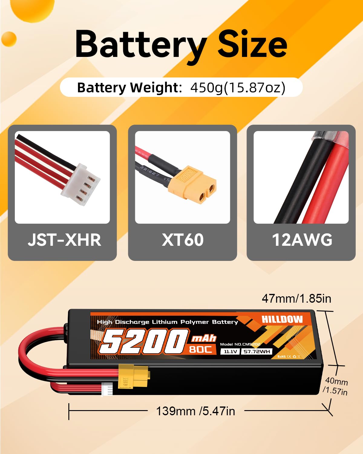 Hilldow 5200mAh 11,1V LiPo-Akku 3S 80C 11,1V RC-Akku mit Hartschale und XT60-Stecker für RC-Fahrzeuge Autos und -LKWs (2 Packungen)