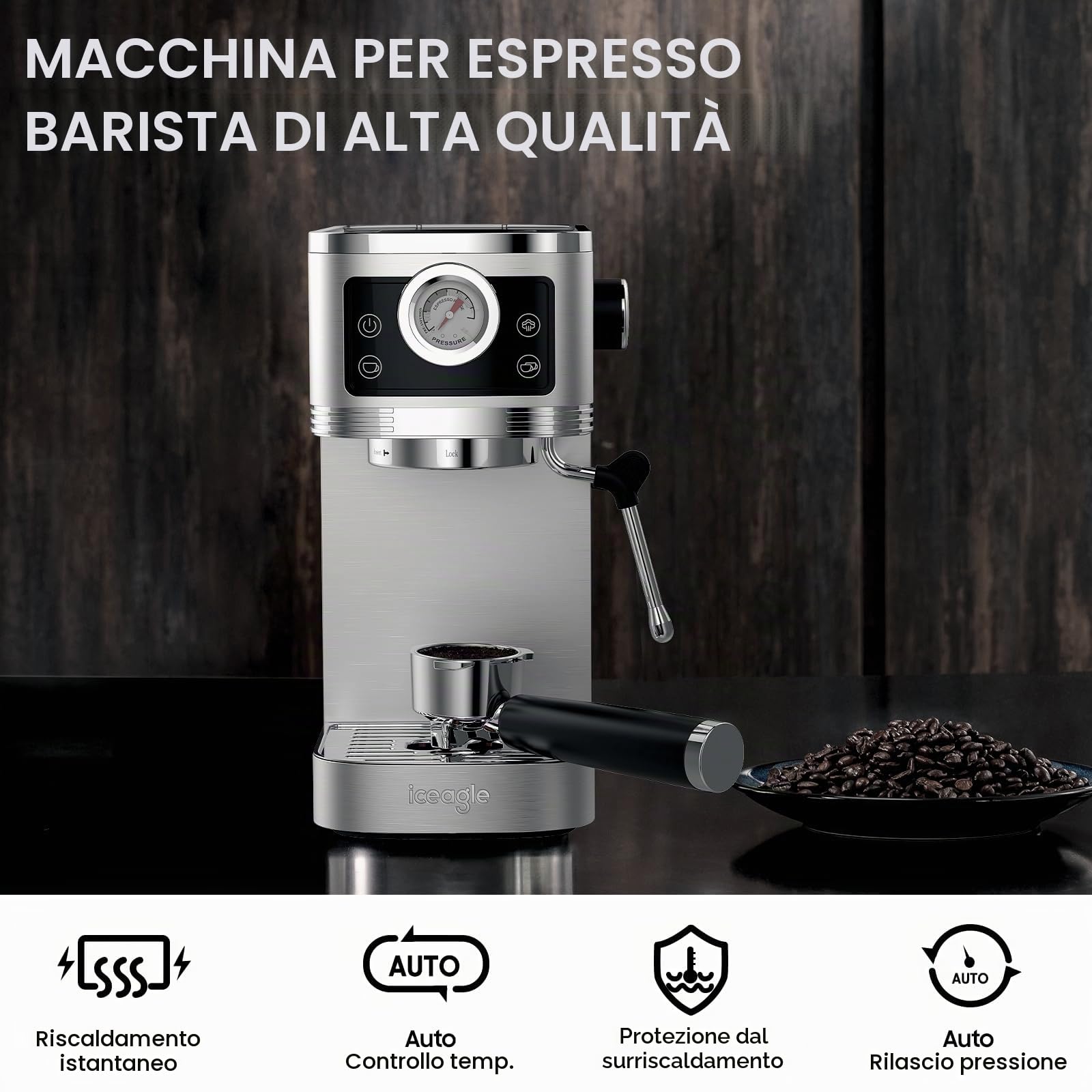 iceagle Macchina da Caffè Espresso CM1660B Manuale e Cappuccino - 20 Bar Caffettiera con Pompa Italiana | Espresso Maker 1350W, Acciaio Inox, Montalatte, Piano Scaldatazze, Serbatoio Estraibile 1,3L
