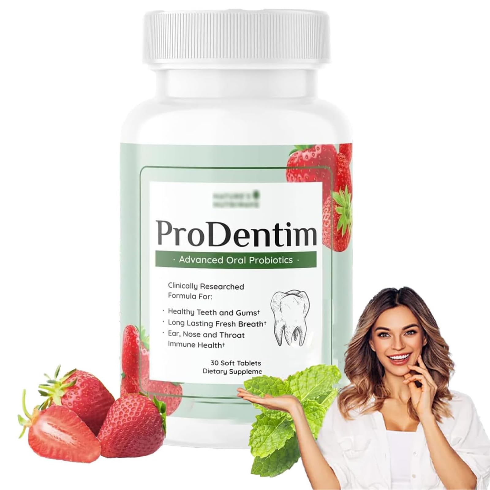 Prodentim packaging and supplement bottles alongside dental hygiene products like toothbrush and floss
