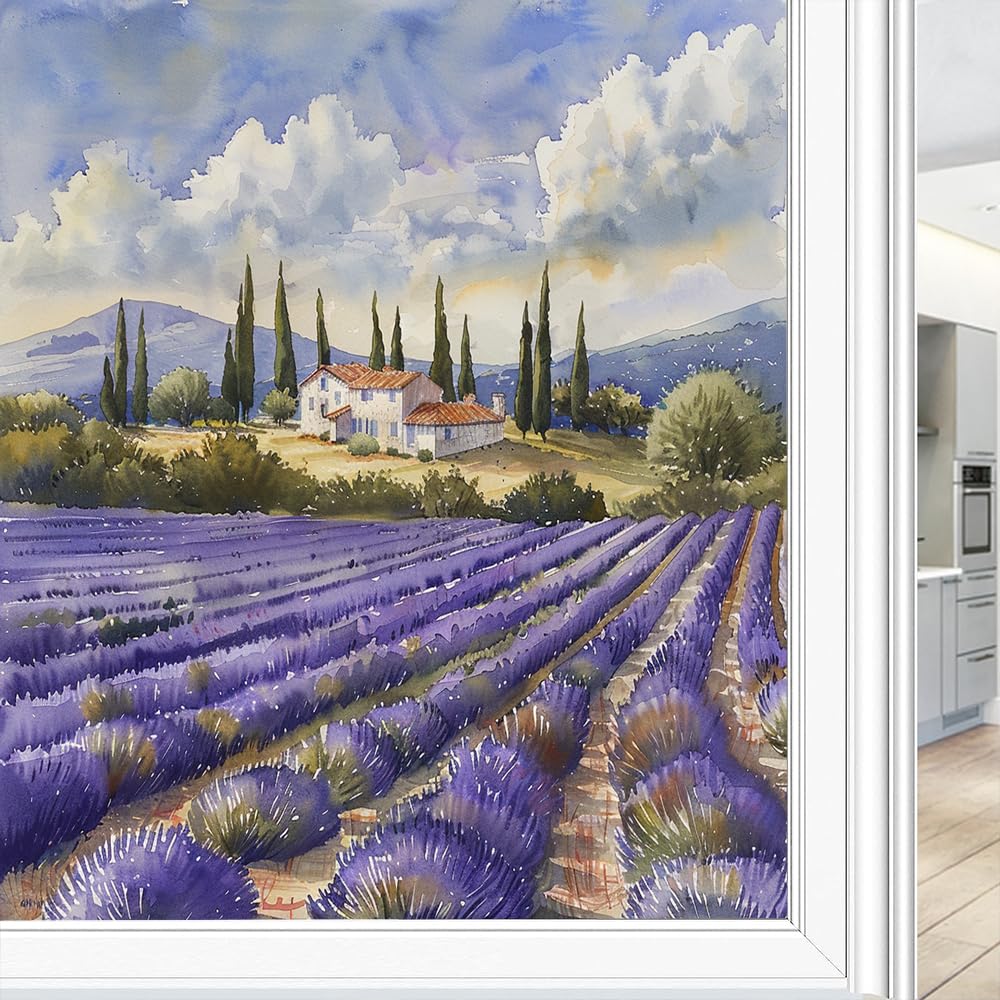 Vintage Lavender Stained Glass Window Film, Country Farmhouse Purple Flower Landscape Decorative Frosted Glass Privacy Film, Heat Control Static Cling Window Sticker 80x120 cm