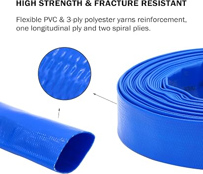 DAVCO 1.25 x 100 ft Pool Backwash Hose Heavy Duty Water Discharge Pump Hoses | 1 1/4 inch, Reinforced Blue PVC Lay Flat Pipe, Burst Proof, Anti-UV, for Swimming Drain Pools and Clean Filters, with Clamps