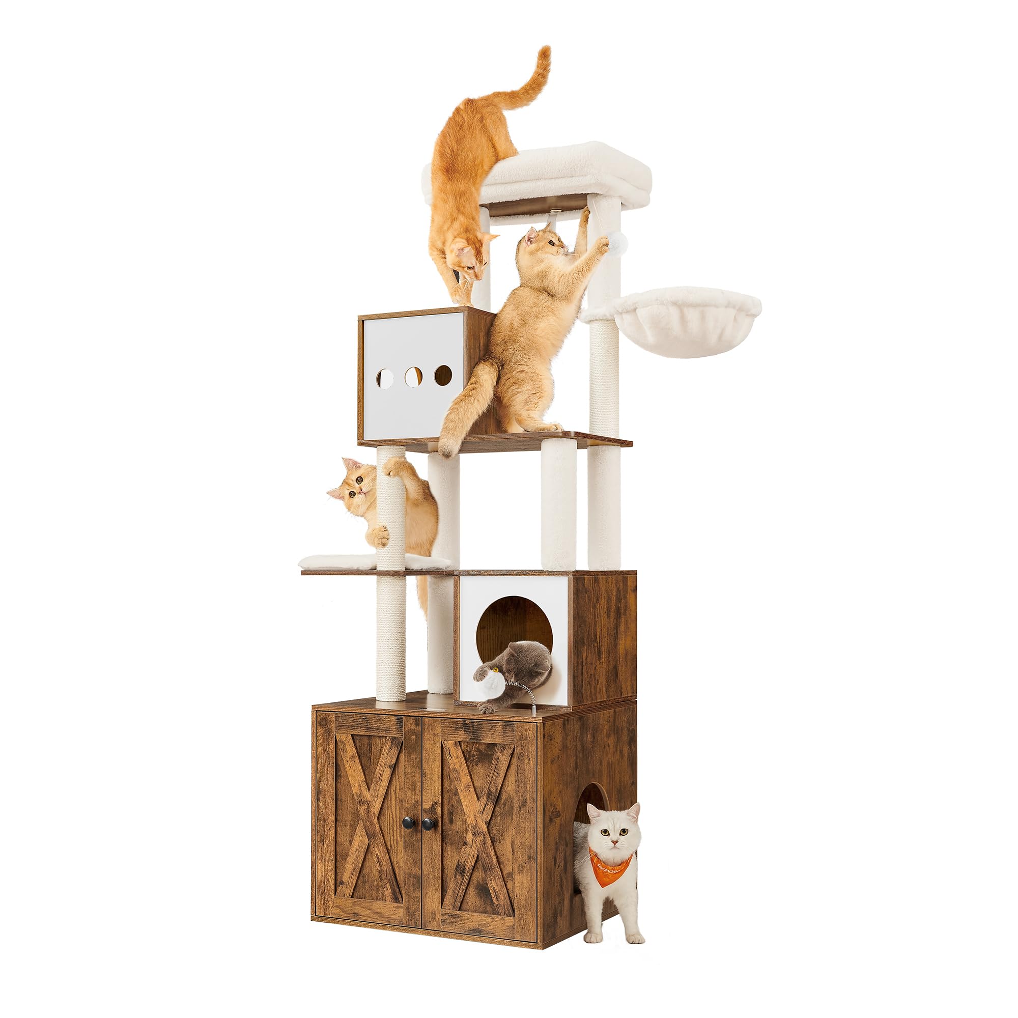 Cat Tree with Litter Box Enclosure, 70.1-Inch Tall Cat Tower, 2-in-1 Modern Condo with Scratching Posts, Perch, Caves, Basket, Washable Cushion, Rustic Brown UPCT116X01
