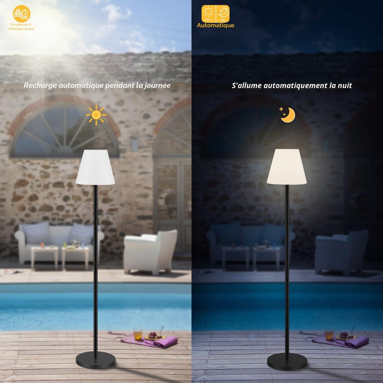 Lampadaire solaire intérieur extérieur étanche sans fil rechargeable capteur lumière LED luminosité variable jardin terrasse