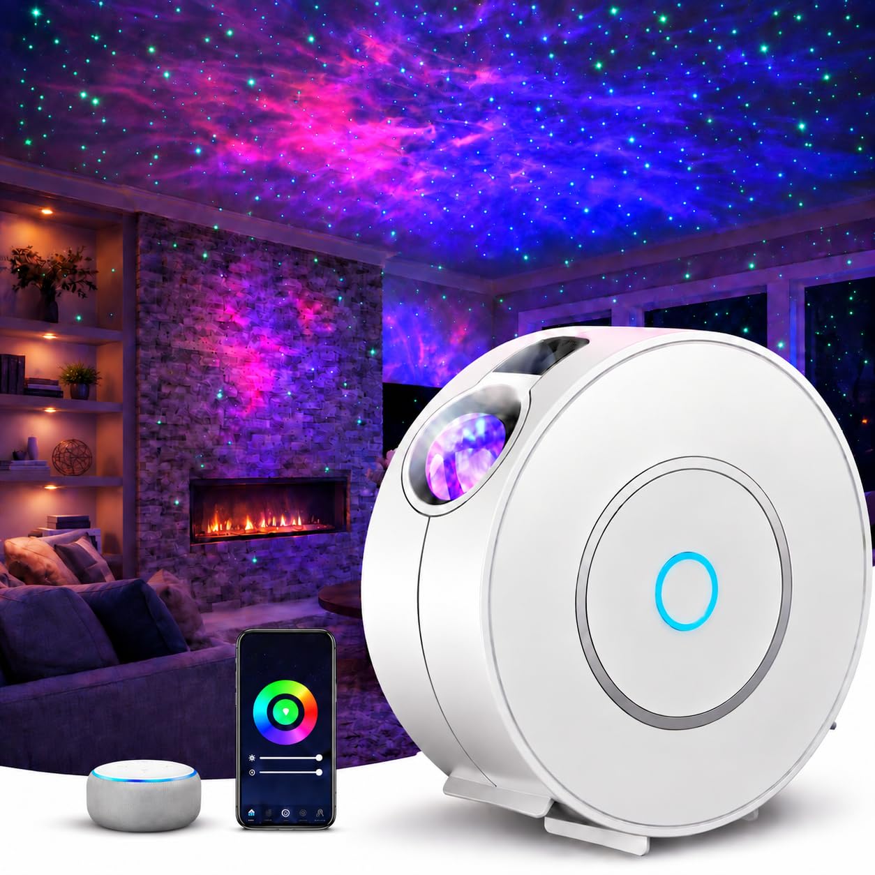 LED Alexa Star Projector, Star Projector Night Light for Children, Voice Control, Sync, Music, Suitable for Children/Adults, Parties, Bedrooms, Bars, Anniversary (White)