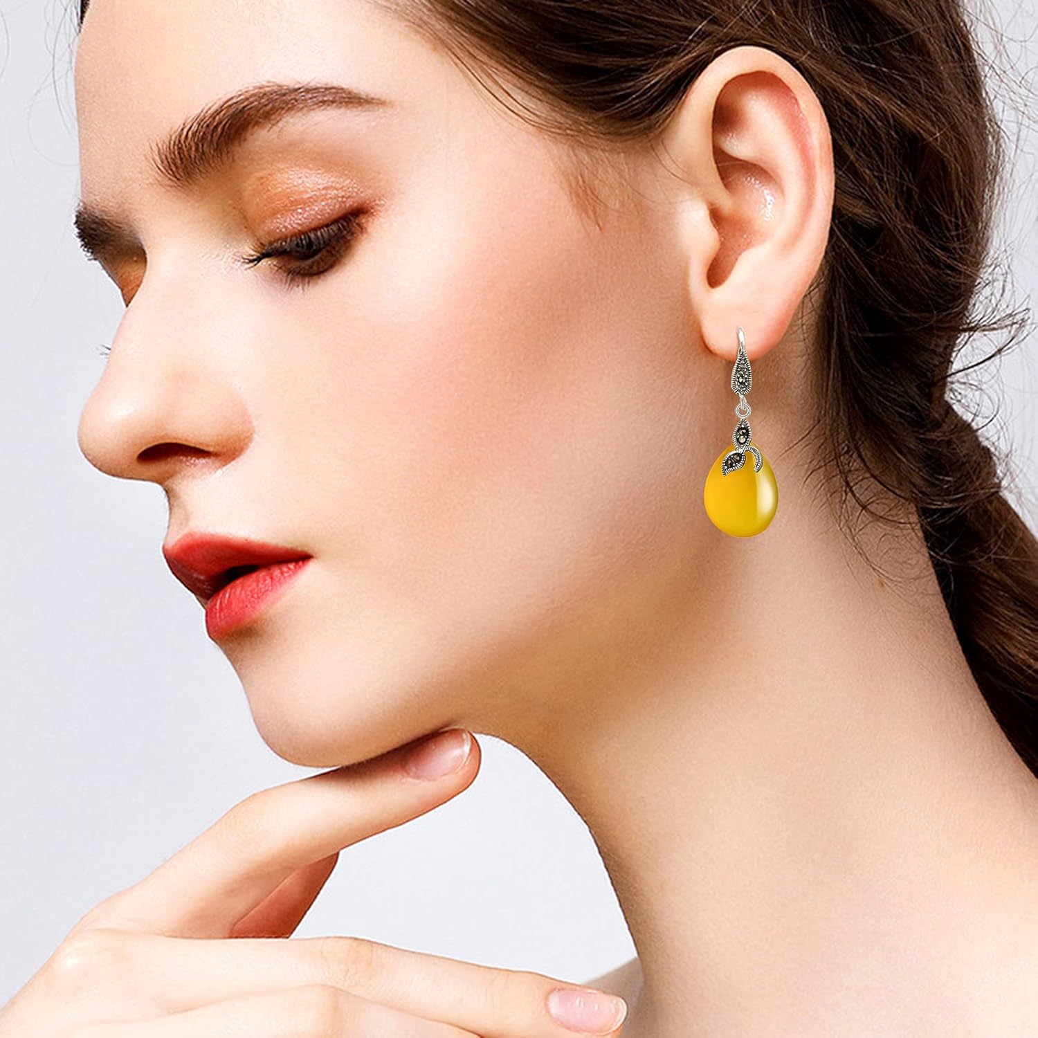 EVER FAITH 925 Sterling Silver Created Chalcedony Crystal Retro Black Leaf Teardrop Hook Earrings Birthday/Mothers Day/Valentines/Christmas Jewelry Gift for Women - Image 3